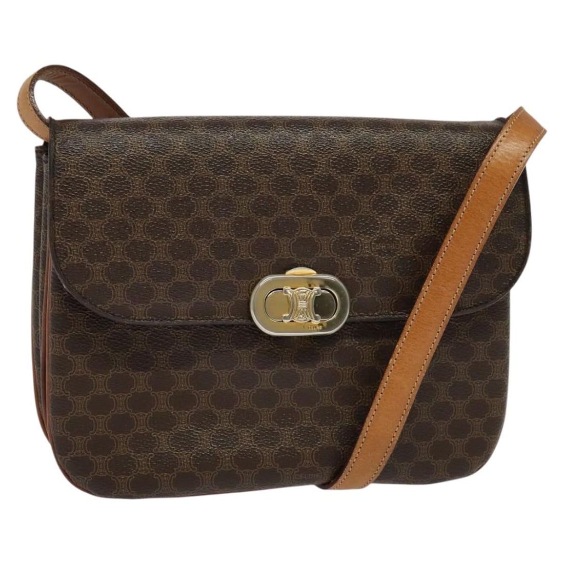 Celine Brown Macadam PVC Leather Shoulder Bag for Women: Celine Brown Macadam PVC Leather Shoulder Bag for Women This is an authentic Celine shoulder bag featuring the signature Macadam canvas with PVC leather construction in brown. The bag is designed for 