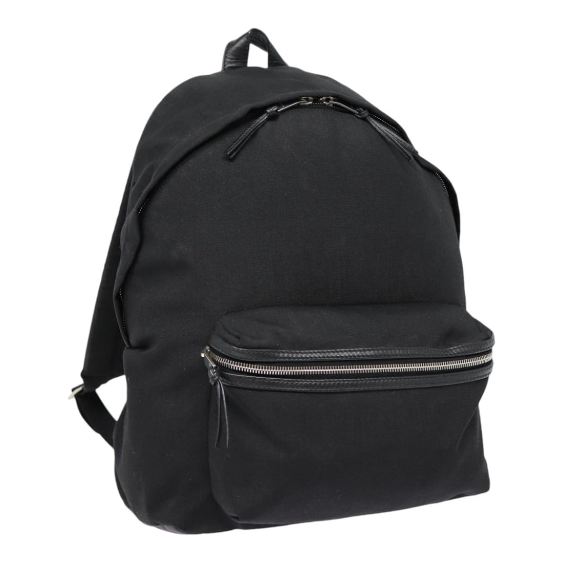 Black Canvas Classic Hunter Backpack by Saint Laurent with Silver Accents: Black Canvas Classic Hunter Backpack by Saint Laurent with Silver Accents This SAINT LAURENT Classic Hunter backpack features a black and silver canvas exterior, offering a stylish and functional opti