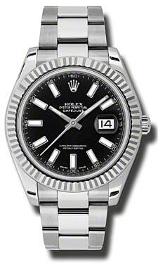 Datejust II Black Stick Dial 116334 Oyster Bracelet 2016 with Card: Datejust II Black Stick Dial 116334 Oyster Bracelet 2016 with Card This Rolex Datejust II features a black stick dial and a fluted bezel, paired with an Oyster bracelet. The watch is a 2016 model with