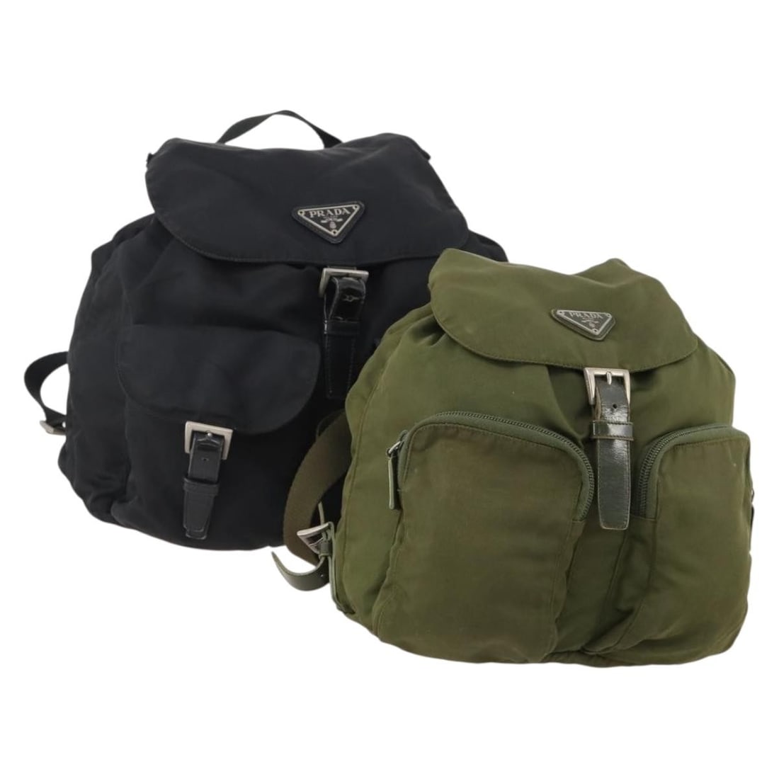 Prada Nylon Green Black Backpack Set: Prada Nylon Green Black Backpack Set This PRADA backpack set includes two nylon backpacks in green and black. Designed for women and crafted in Italy, both backpacks show significant signs of use, inc