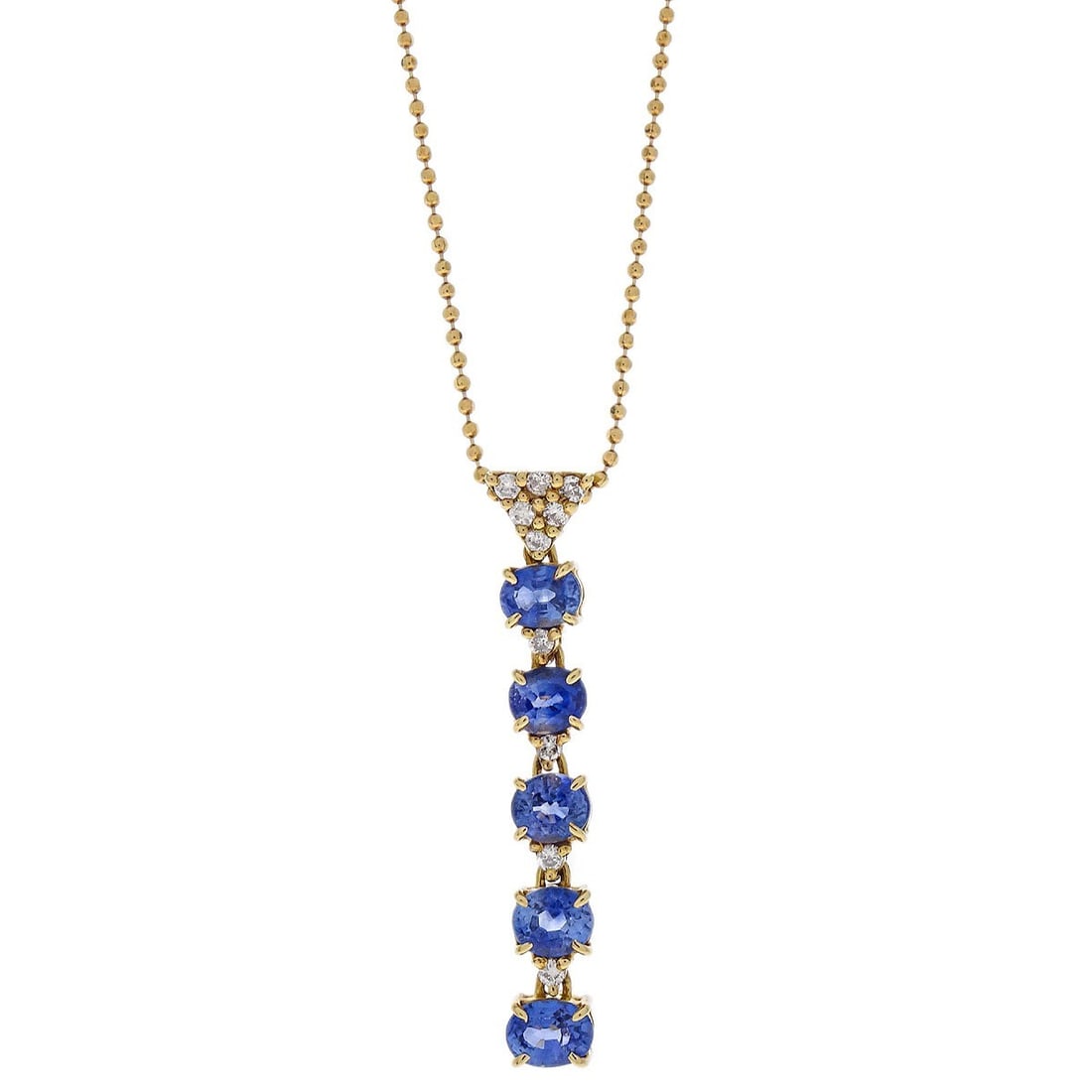 18K Gold Charm Necklace with Sapphire and Diamond Accents: 18K Gold Charm Necklace with Sapphire and Diamond Accents This pendant necklace features an 18K gold setting adorned with a sapphire as the main stone and diamond as the secondary stone. The necklace 