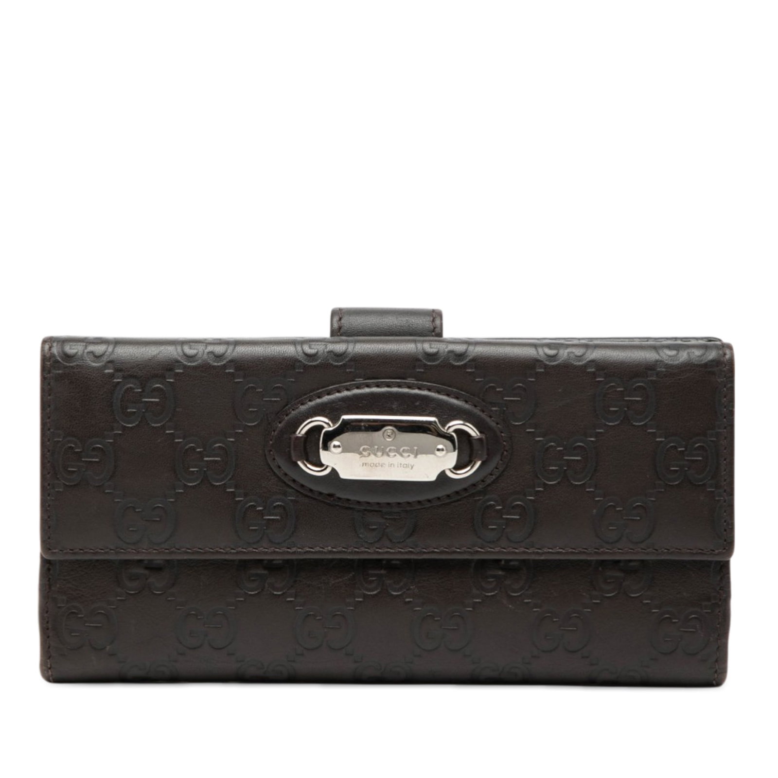 Gucci Guccissima Brown Leather Continental Long Wallet: Gucci Guccissima Brown Leather Continental Long Wallet This Guccissima Continental Long Wallet features an embossed leather body in brown, a top strap with button closure, a front flap with metal hard