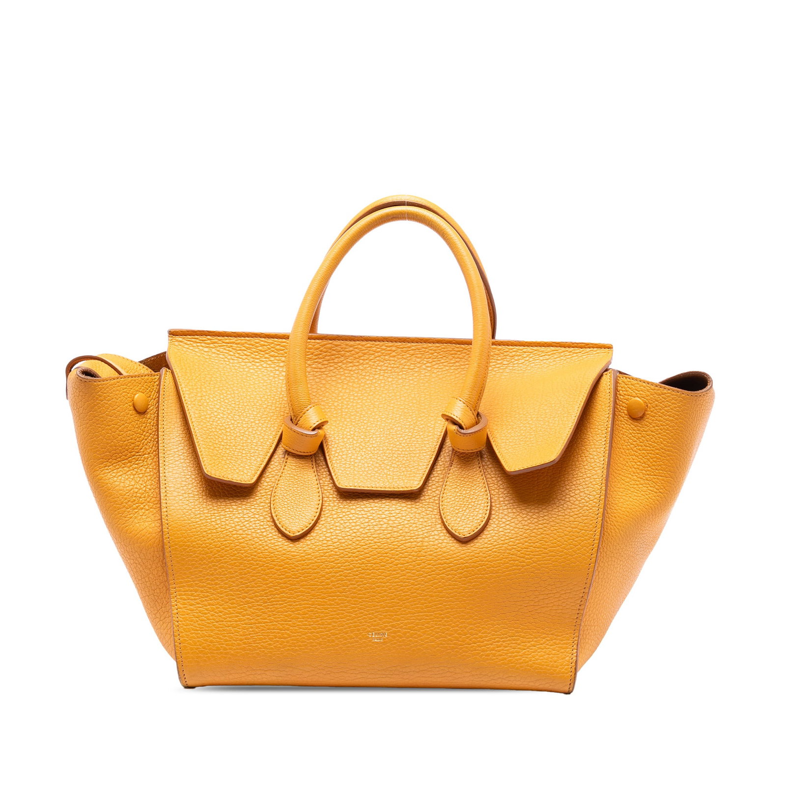 Celine Tie Knot Yellow Leather Small Handbag with Top Flap Closure: Celine Tie Knot Yellow Leather Small Handbag with Top Flap Closure This Celine Small Grained Calfskin Tie Knot Handbag features a structured leather body in yellow, rolled leather handles, a top flap 