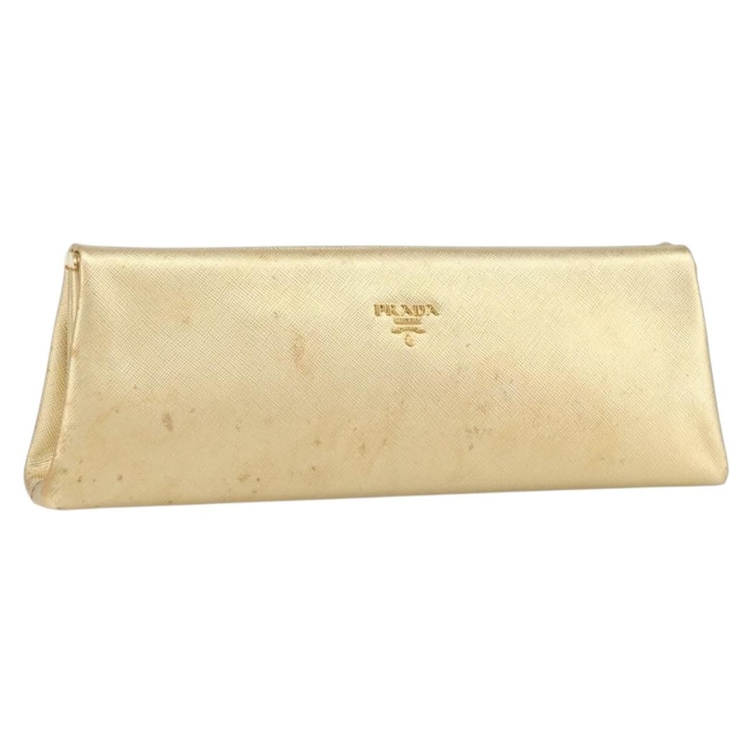 Gold Saffiano Leather Clutch Bag by PRADA Italy: Gold Saffiano Leather Clutch Bag by PRADA Italy This PRADA clutch bag is crafted from gold Saffiano leather and features a sleek, structured silhouette. Made in Italy, the bag is designed with a compa