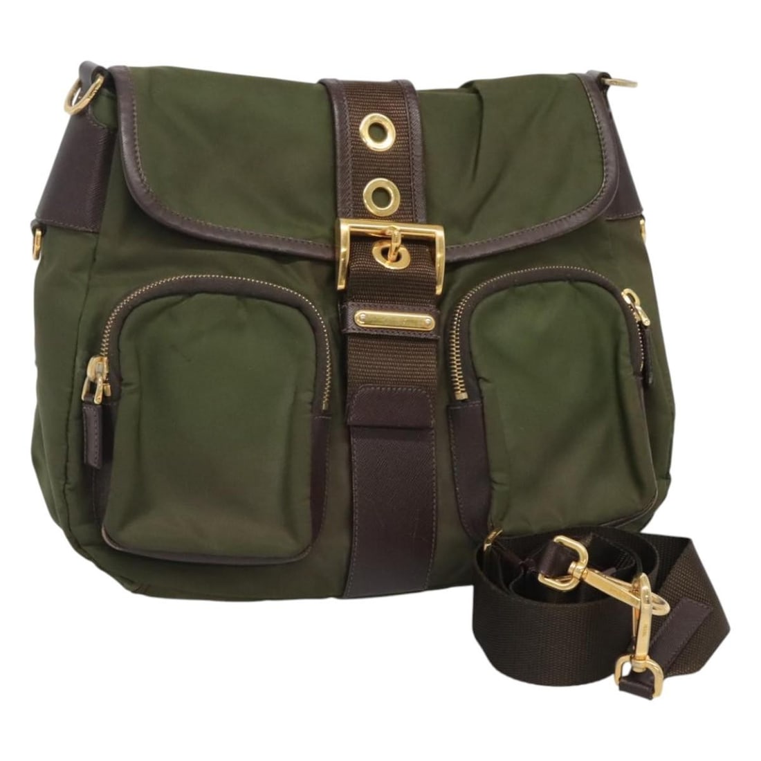 Prada Khaki Nylon Shoulder Bag Italy Gold Trim Guarantee Card: Prada Khaki Nylon Shoulder Bag Italy Gold Trim Guarantee Card This PRADA shoulder bag is crafted from durable nylon in a khaki and gold color scheme. Designed for women, it offers a practical and styl