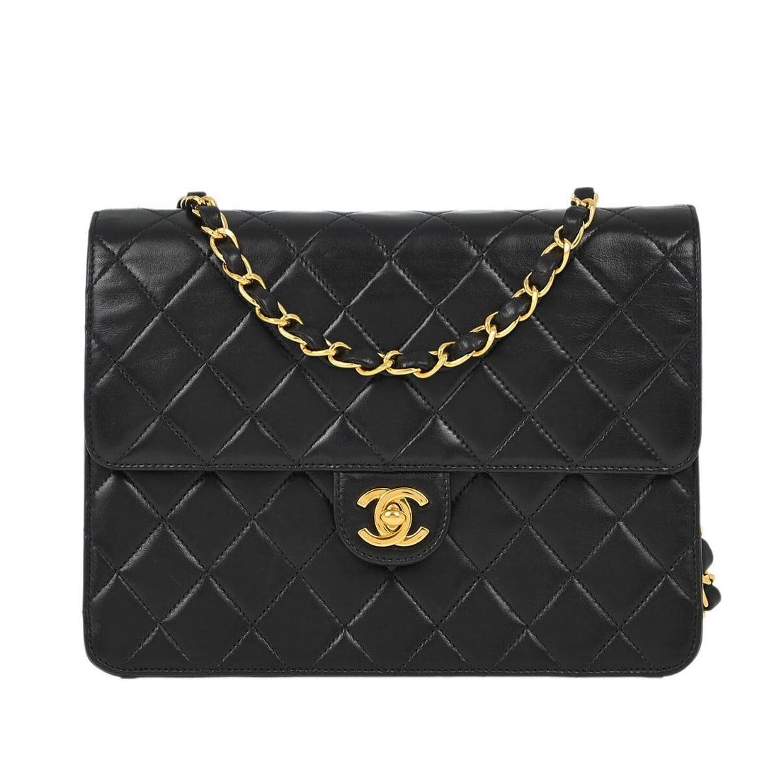 Chanel Black Lambskin Classic Single Flap Shoulder Bag with Gold Hardware: Chanel Black Lambskin Classic Single Flap Shoulder Bag with Gold Hardware This exquisite Chanel Black Lambskin Turnlock Small Half Flap Shoulder Bag is a timeless accessory that embodies elegance and 