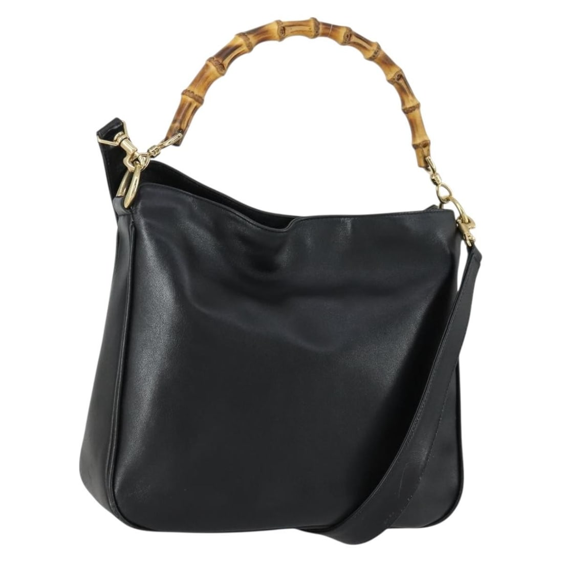 Gucci Bamboo Black Leather Two Way Handbag with Gold Hardware and Strap: Gucci Bamboo Black Leather Two Way Handbag with Gold Hardware and Strap This GUCCI Bamboo handbag is crafted from black leather and features gold-tone accents. Designed for versatility, it can be carr
