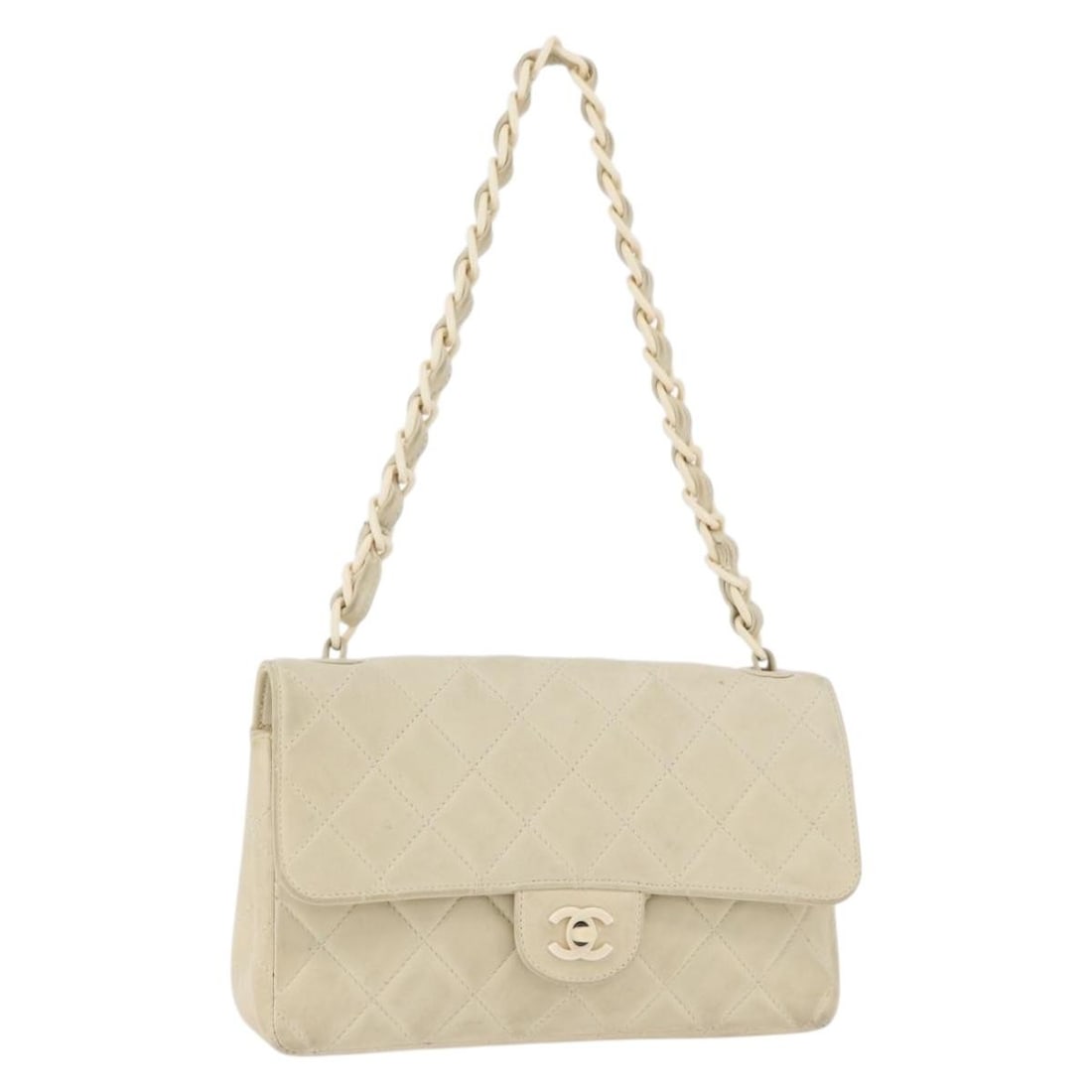 Chanel Ivory Lambskin Matelasse 25 Shoulder Bag with Chain Strap and CC Logo: Chanel Ivory Lambskin Matelasse 25 Shoulder Bag with Chain Strap and CC Logo This CHANEL Matelasse 25 shoulder bag features luxurious ivory lambskin leather and the iconic CC logo. Designed for women,