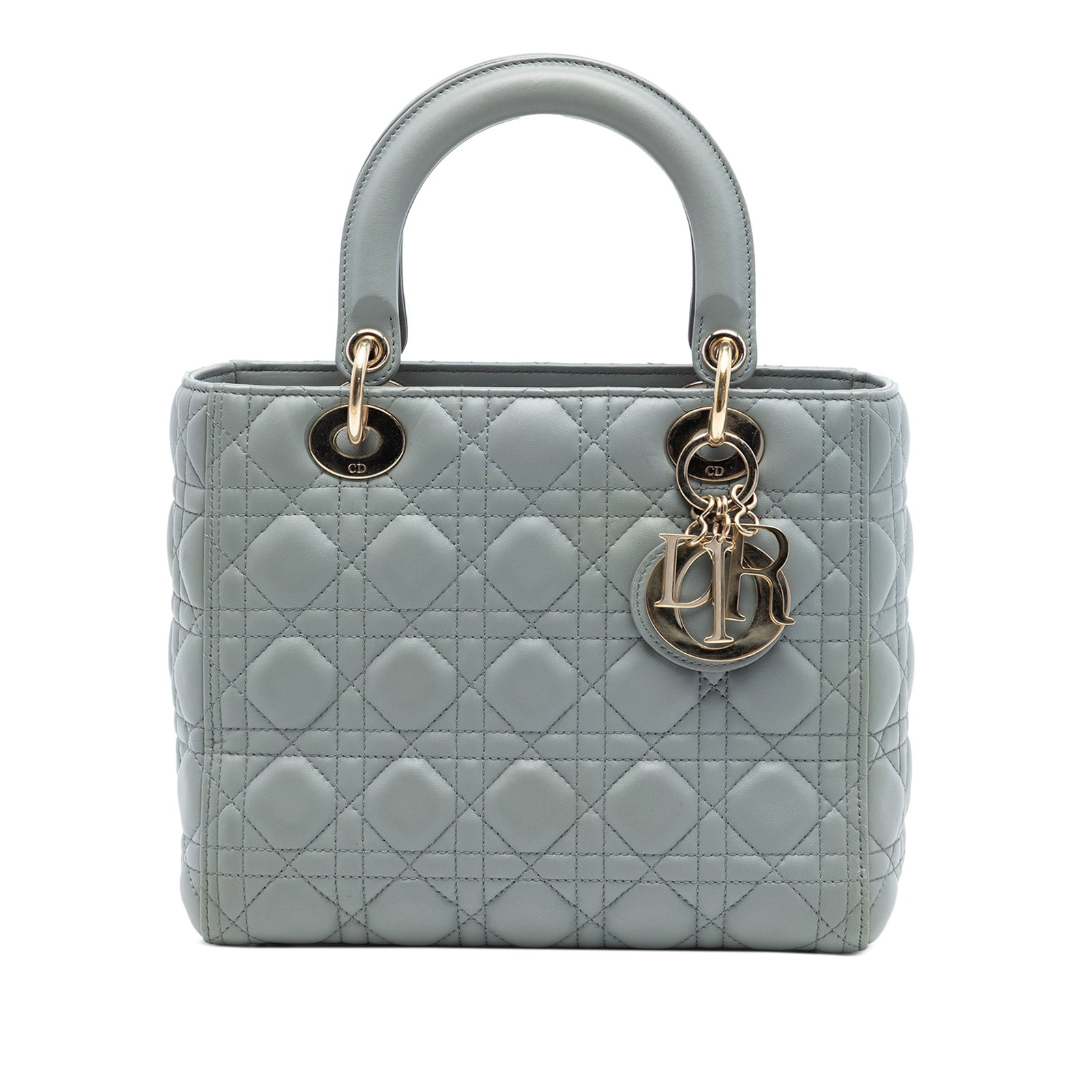 Dior Lady Dior Medium Gray Quilted Lambskin Handbag with Top Zip: Dior Lady Dior Medium Gray Quilted Lambskin Handbag with Top Zip This Lady Dior bag features a quilted leather body in gray, flat leather handles, a top zip closure, and an interior zip pocket. The ex