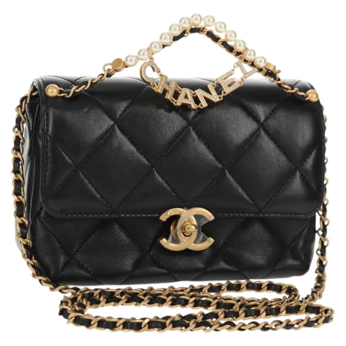CHANEL Mini Matelasse Black Gold Lambskin Shoulder Bag Auth 142102SM: CHANEL Mini Matelasse Black Gold Lambskin Shoulder Bag Auth 142102SM The CHANEL Mini Matelasse Chain Shoulder Bag is a luxurious accessory, expertly crafted from soft lambskin leather in a timeless bl