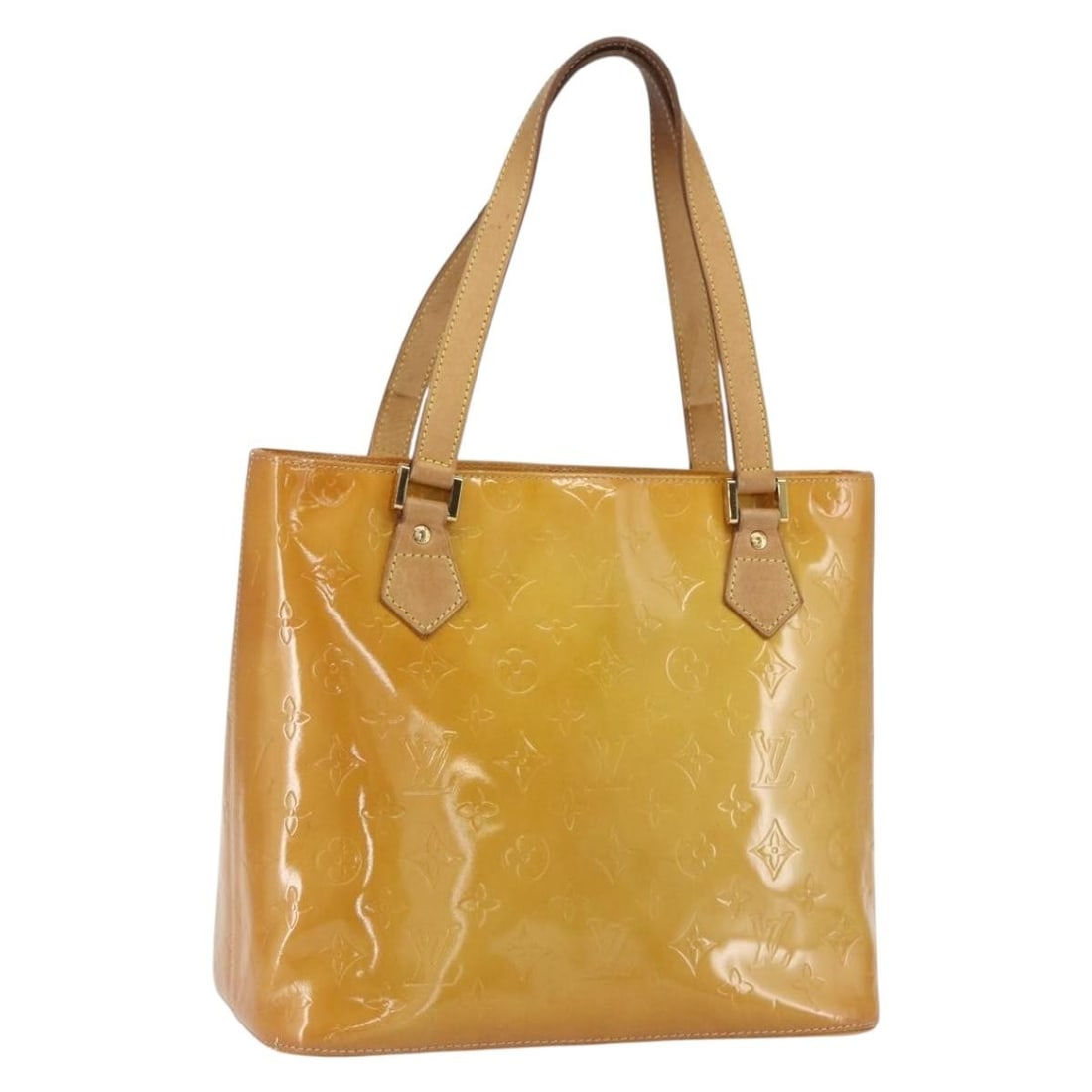Monogram Vernis Houston Beige Patent Leather Handbag by Louis Vuitton M91004: Monogram Vernis Houston Beige Patent Leather Handbag by Louis Vuitton M91004 This Louis Vuitton Monogram Vernis Houston Hand Bag features a beige patent leather exterior with a spacious design. The ba