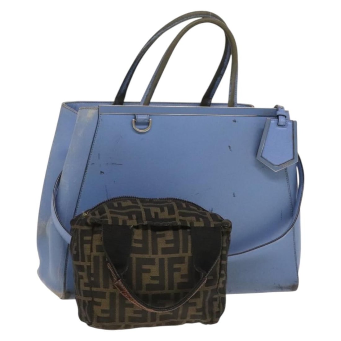 FENDI Zucca Canvas Hand Bag Light Blue Black Brown Authentic 132508 (1 of 18)
