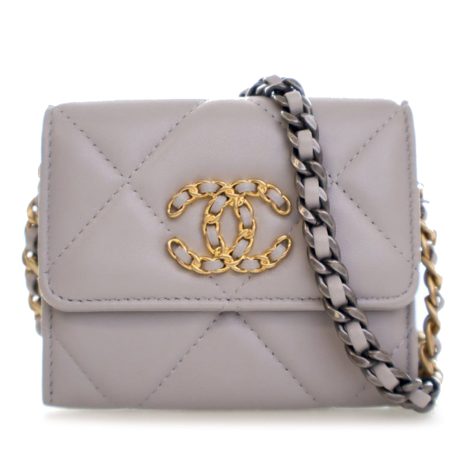 Chanel 19 Gray Quilted Lambskin Coin Purse Crossbody with Chain: Chanel 19 Gray Quilted Lambskin Coin Purse Crossbody with Chain This Chanel crossbody bag features a quilted lambskin leather exterior in gray, complemented by a leather-woven chain strap with a leath