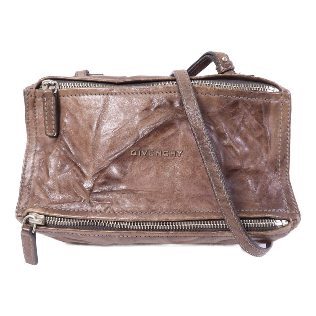 Givenchy Pandora Mini Brown Calfskin Leather Small Shoulder Bag SHW: Givenchy Pandora Mini Brown Calfskin Leather Small Shoulder Bag SHW This Givenchy Pandora Mini shoulder bag is crafted from brown calfskin leather and designed for women. Featuring a compact silhouett