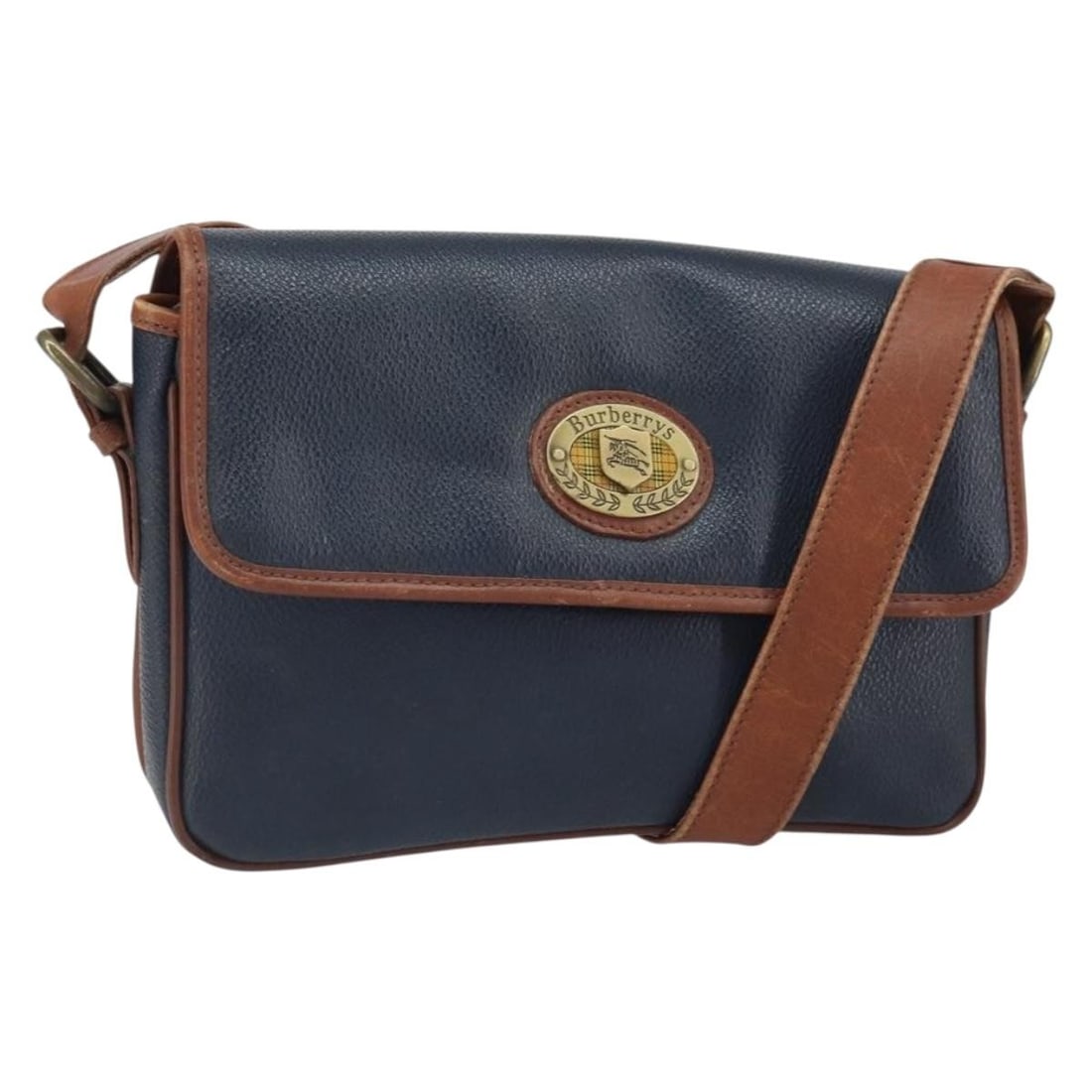 Burberrys Navy PVC Leather Shoulder Bag Gold Tone Accents Italy: Burberrys Navy PVC Leather Shoulder Bag Gold Tone Accents Italy This Burberrys shoulder bag features a classic navy and gold design crafted from PVC leather. Made in Italy, the bag includes an adjusta