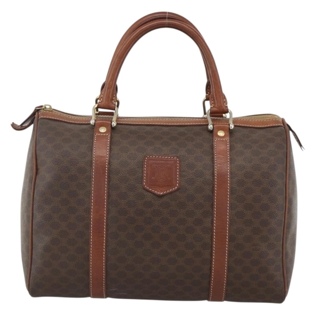 Celine Brown Canvas Macadam Pattern Satchel with Leather Trim: Celine Brown Canvas Macadam Pattern Satchel with Leather Trim This Celine Macadam handbag features the iconic brown canvas design with leather accents, designed for women. Made in Italy, it offers a s
