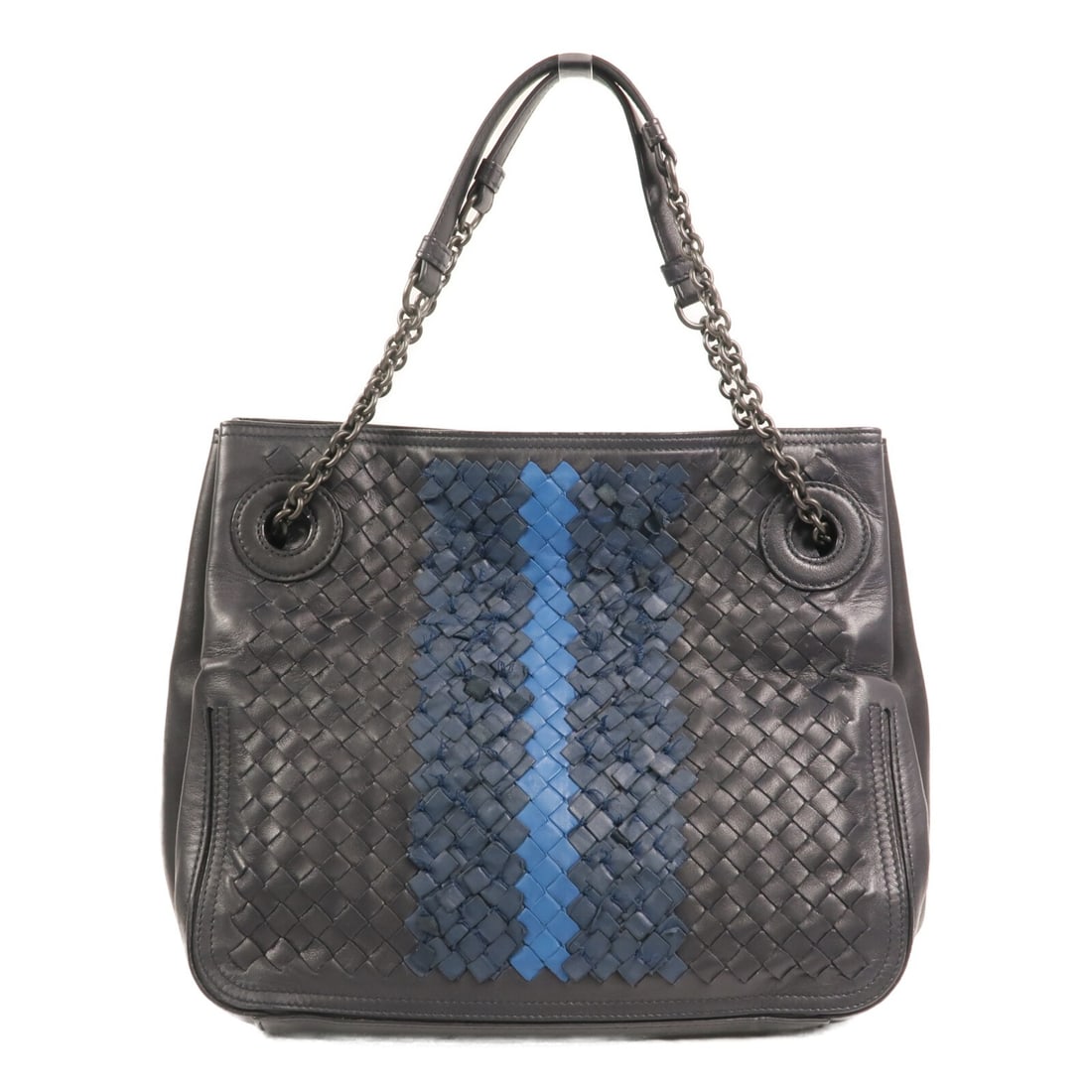 Blue Calfskin Shoulder Bag by Bottega Veneta with Silver Hardware: Blue Calfskin Shoulder Bag by Bottega Veneta with Silver Hardware This Bottega Veneta shoulder bag is crafted from blue calfskin leather and features a classic design. Made in Italy, it offers a regul