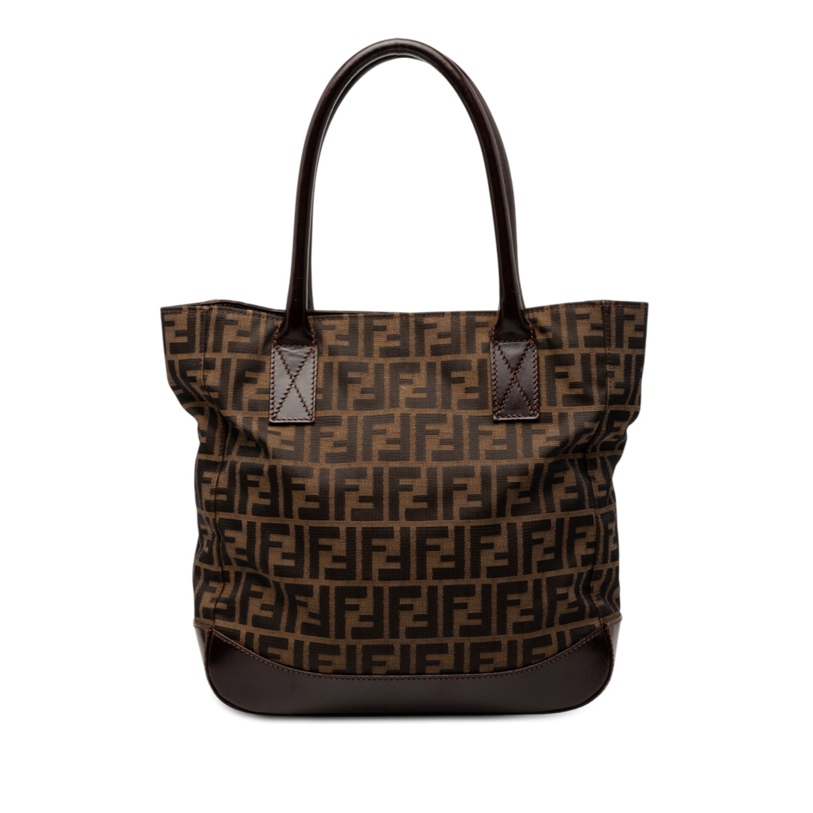 Fendi Brown Zucca Pattern Canvas Tote Bag with Leather Trim: Fendi Brown Zucca Pattern Canvas Tote Bag with Leather Trim This Fendi Zucca Canvas Tote features a brown canvas body with leather trim, rolled leather straps, an open top secured by a magnetic snap c
