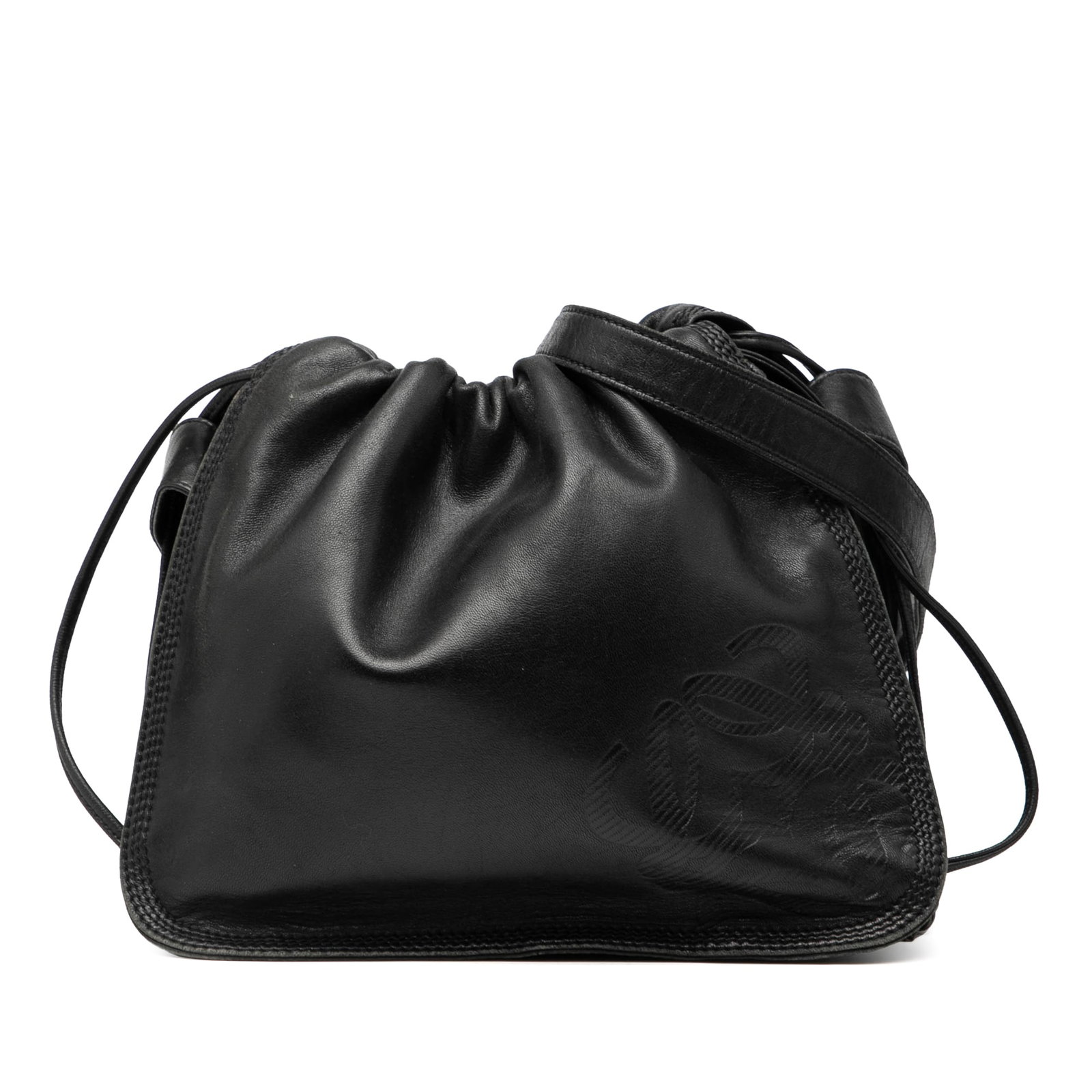 Loewe Black Leather Nappa Anagram Drawstring Crossbody Bag: Loewe Black Leather Nappa Anagram Drawstring Crossbody Bag This LOEWE Nappa Anagram Drawstring Crossbody bag features a black leather body with a flat leather shoulder strap. The bag is designed with 