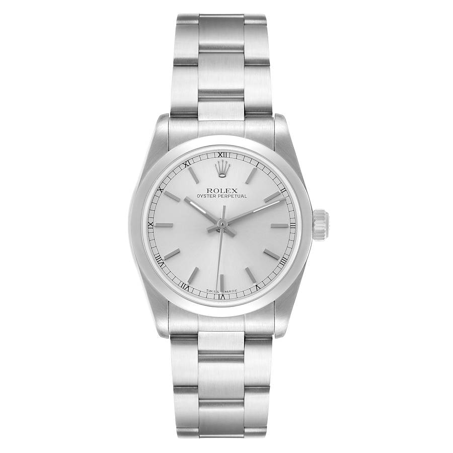 Ladies Oyster Perpetual Watch Silver Stick Dial Reference 77080: Ladies Oyster Perpetual Watch Silver Stick Dial Reference 77080 This is a ladies Rolex Oyster Perpetual wristwatch featuring a silver stick dial, smooth bezel, and Oyster bracelet. The watch is part o