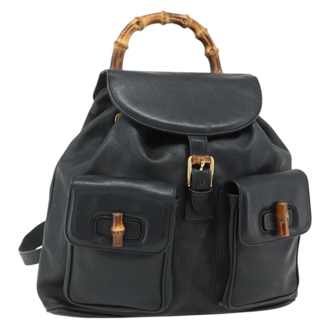 Gucci Bamboo leather backpack black gold Italy 003 2040 0016: Gucci Bamboo leather backpack black gold Italy 003 2040 0016 This is a GUCCI Bamboo Backpack crafted from black leather with gold-tone accents. The bag features a structured silhouette with a bamboo t