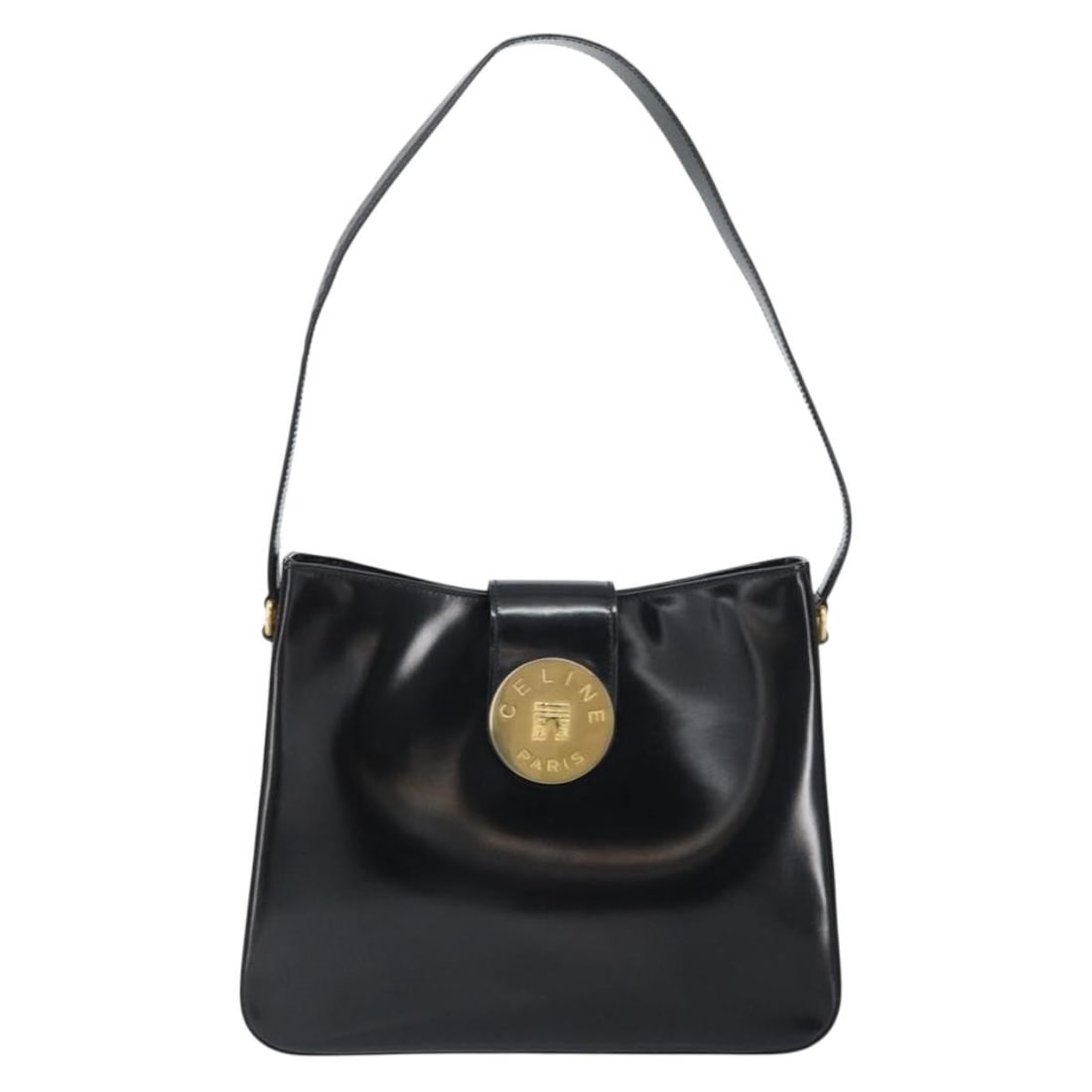 Celine Black Patent Leather Shoulder Bag 29cm x 23cm x 7cm: Celine Black Patent Leather Shoulder Bag 29cm x 23cm x 7cm This Celine handbag is crafted from black patent leather and designed for women. It features a structured silhouette and is pre-owned, showin