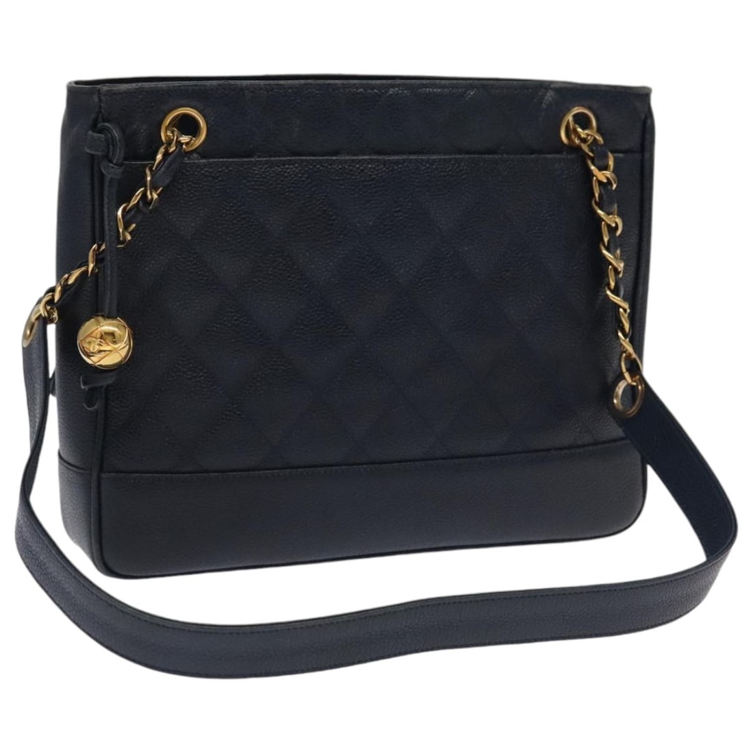 Chanel Caviar Leather Matelasse Navy Shoulder Bag with Gold Chain: Chanel Caviar Leather Matelasse Navy Shoulder Bag with Gold Chain This CHANEL Matelasse Chain shoulder bag features grained caviar calf skin in navy with gold-tone accents and the signature CC logo. D