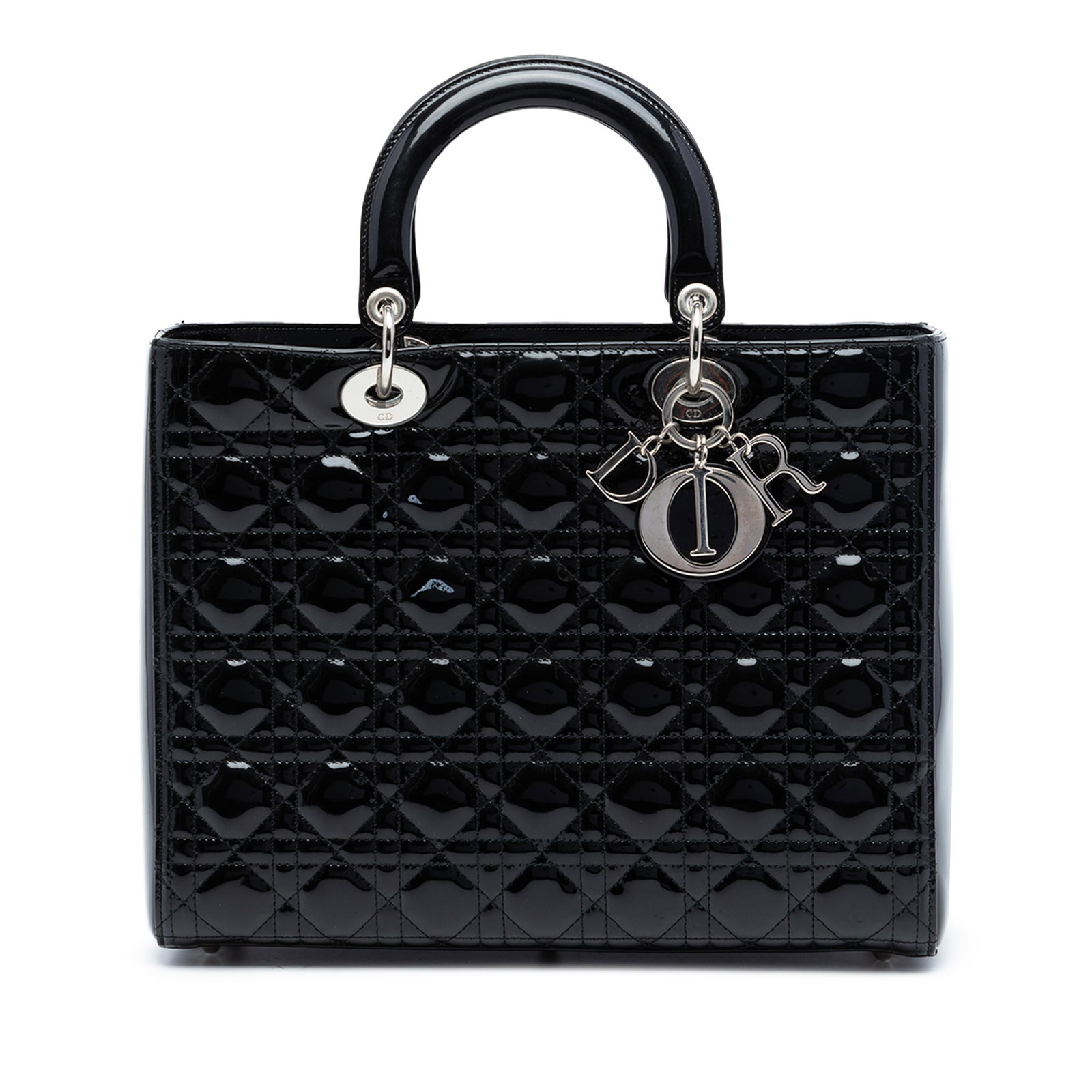 Dior Lady Dior Large Black Patent Cannage Quilted Leather Handbag: Dior Lady Dior Large Black Patent Cannage Quilted Leather Handbag This Lady Dior handbag showcases a quilted patent leather exterior in black, complemented by flat leather top handles and a top zip cl