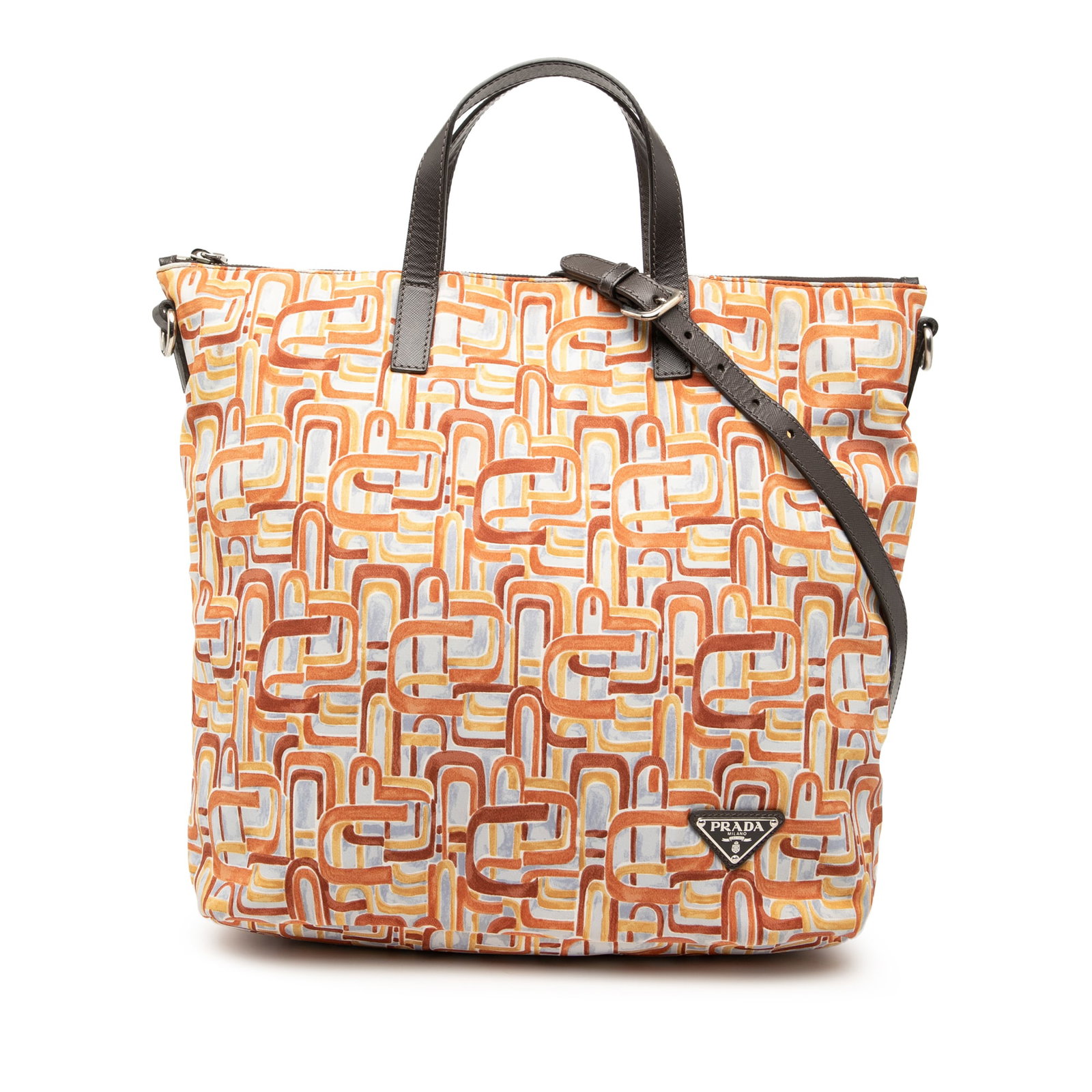 Prada Tessuto Stampato Printed Nylon Satchel with Leather Handles: Prada Tessuto Stampato Printed Nylon Satchel with Leather Handles This Prada Tessuto Stampato Satchel features a printed nylon body with flat leather handles and a detachable leather strap. The bag is