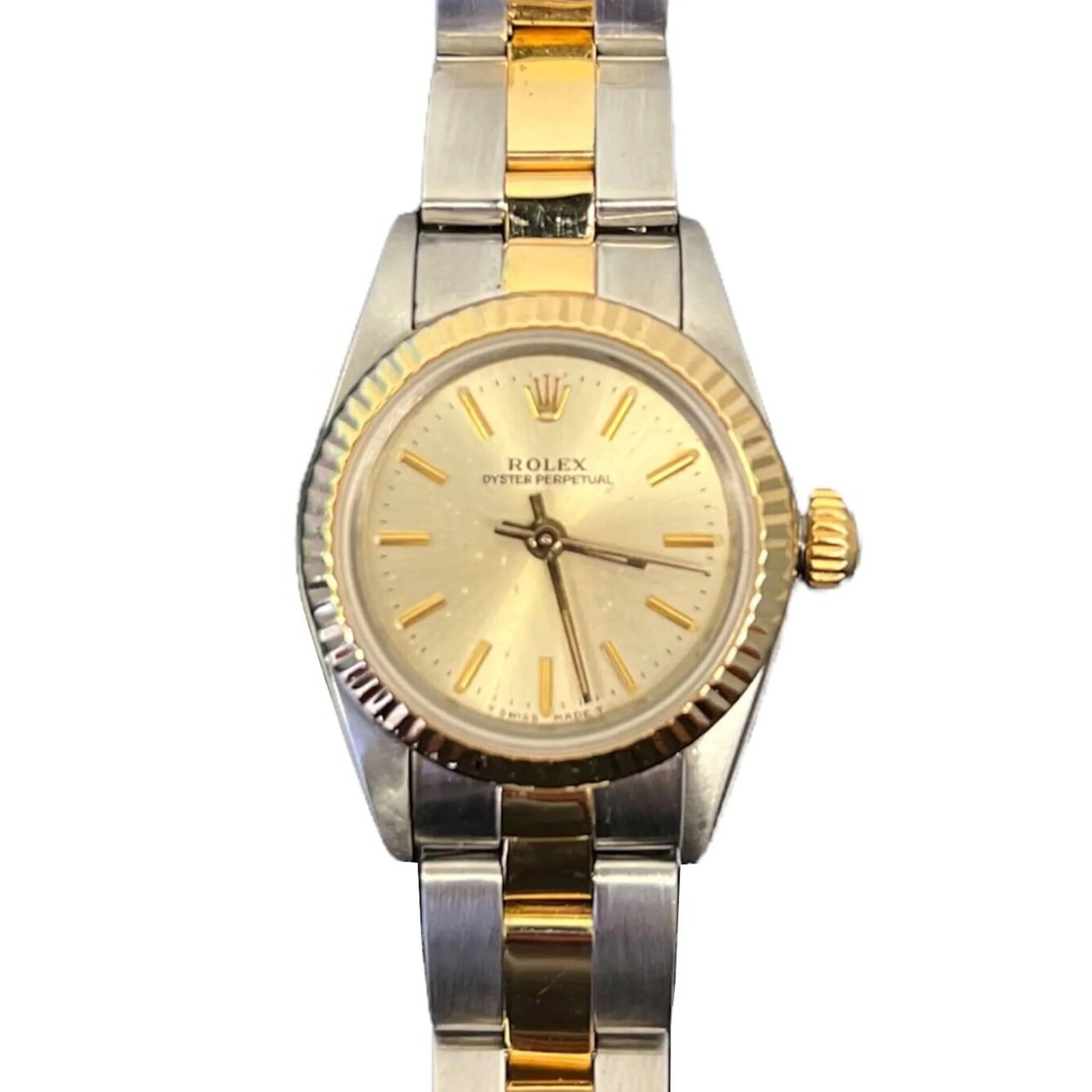 Gold Dial Rolex Ladies Oyster Perpetual Watch Reference 67193: Gold Dial Rolex Ladies Oyster Perpetual Watch Reference 67193 This ladies Rolex Oyster Perpetual features a gold dial and a fluted bezel, paired with the iconic Oyster bracelet. The watch is identifie