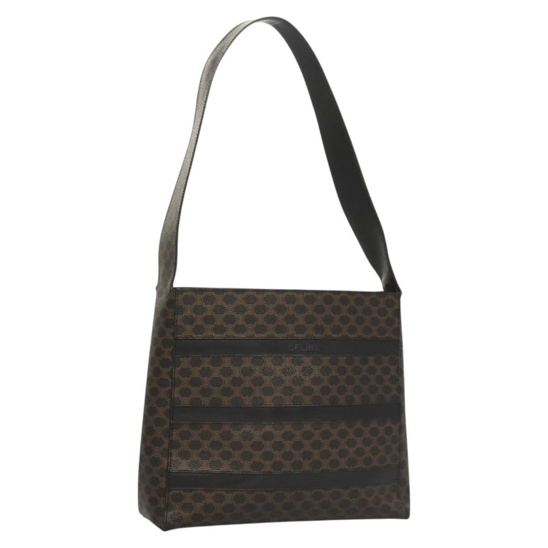 Celine Macadam Black PVC Leather Shoulder Bag Gold Tone Accents: Celine Macadam Black PVC Leather Shoulder Bag Gold Tone Accents This CELINE shoulder bag features the iconic Macadam canvas with PVC leather accents in black and gold tones. Designed for women, the ba