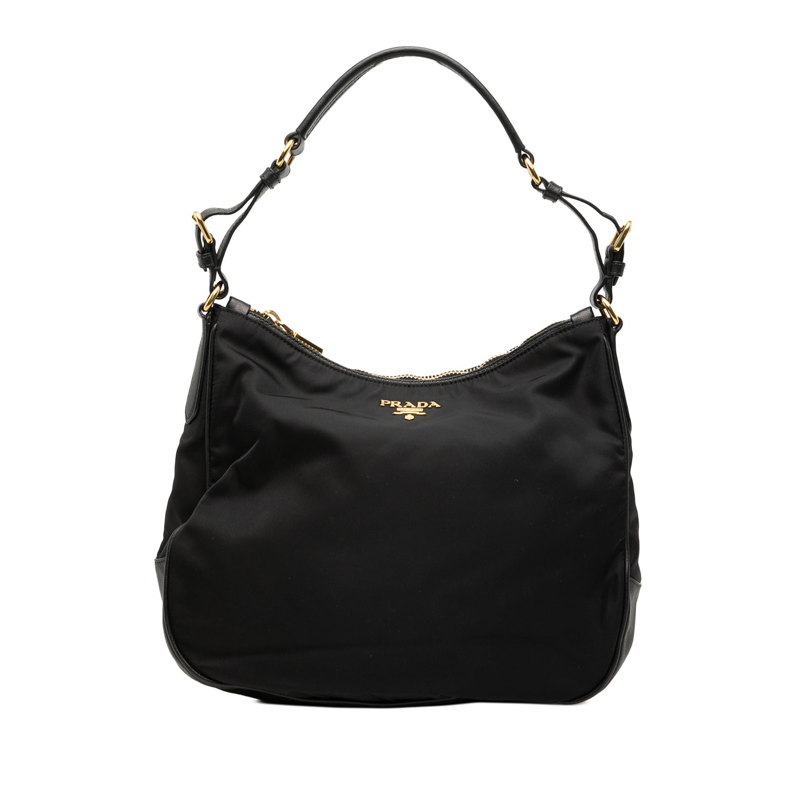 Prada Tessuto Black Shoulder Bag with Saffiano Leather Accents: Prada Tessuto Black Shoulder Bag with Saffiano Leather Accents This Prada Saffiano Trimmed Tessuto Shoulder Bag features a nylon body with leather trim, a flat leather strap, top zip closure, and an i