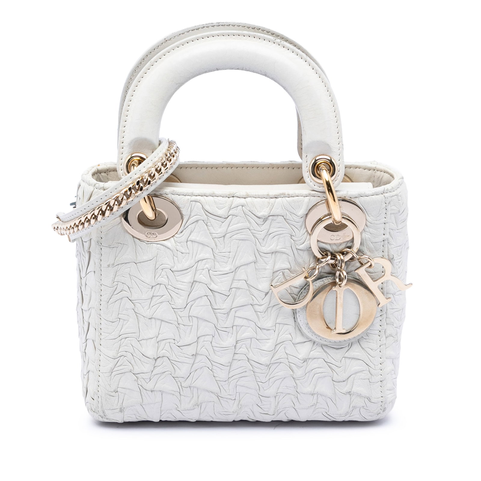 Dior Mini Lady Dior White Pleated Lambskin Bag with Chain Strap: Dior Mini Lady Dior White Pleated Lambskin Bag with Chain Strap This Dior Mini Wavy Crinkled Lambskin Lady Dior bag features a pleated lambskin leather body, flat leather handles, and a detachable cha