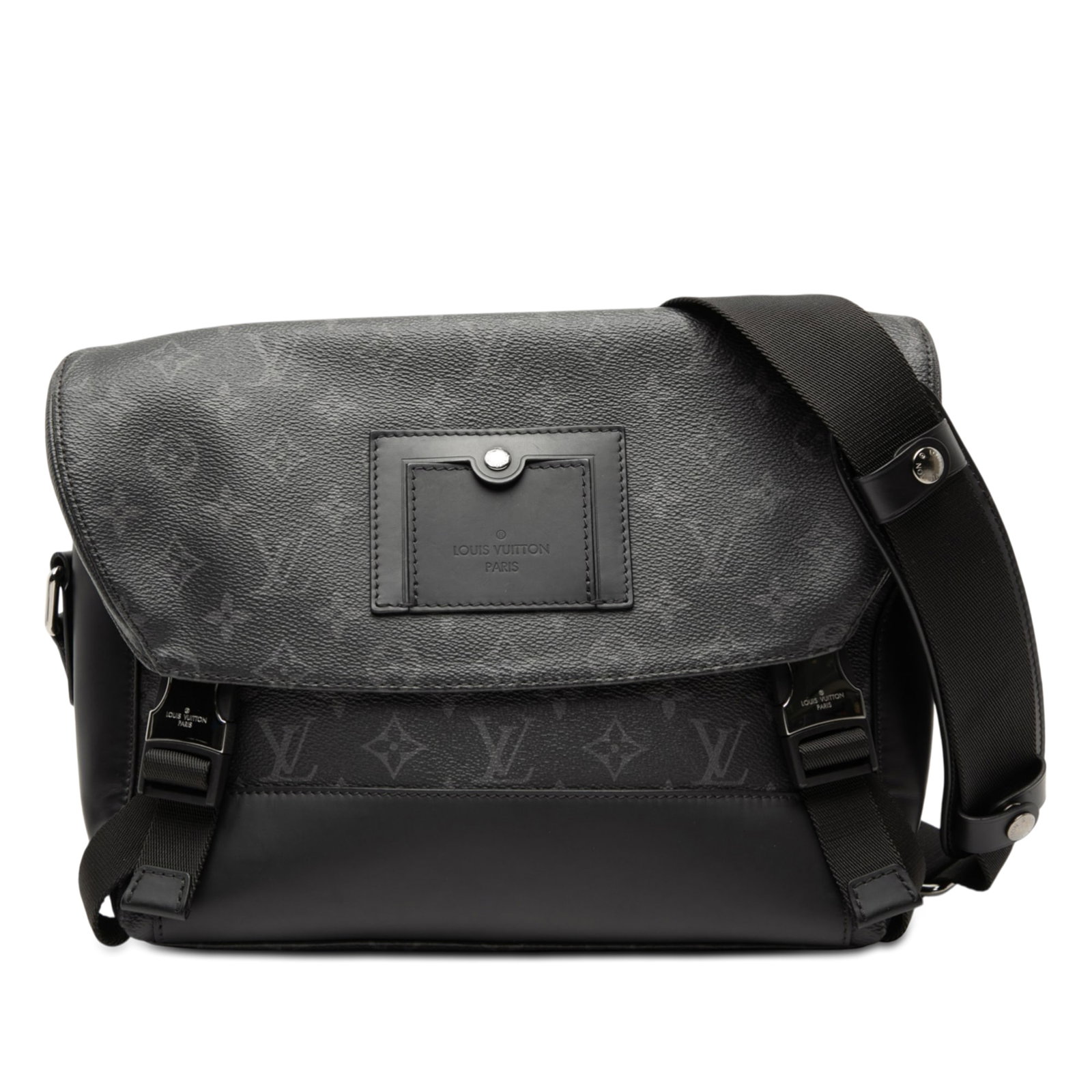 Louis Vuitton Voyager PM Monogram Eclipse Canvas Crossbody Bag: Louis Vuitton Voyager PM Monogram Eclipse Canvas Crossbody Bag The Louis Vuitton Monogram Eclipse Voyager PM features a monogram canvas body with leather trim, an adjustable flat strap, a front flap w