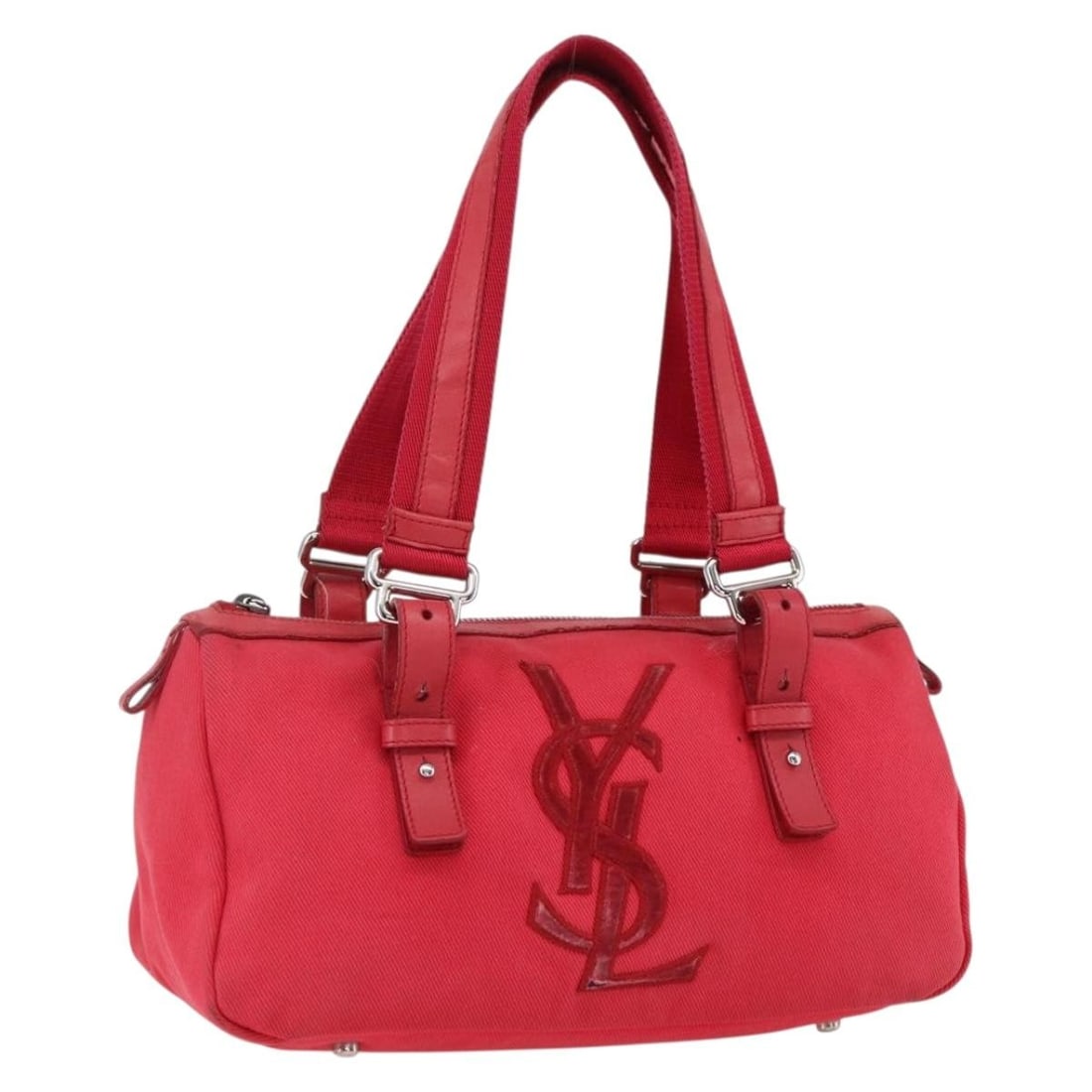 Red and Silver Canvas Handbag by Saint Laurent 129360: Red and Silver Canvas Handbag by Saint Laurent 129360 This SAINT LAURENT hand bag features a canvas exterior in striking red and silver tones. Crafted in Italy, it offers a structured silhouette with 