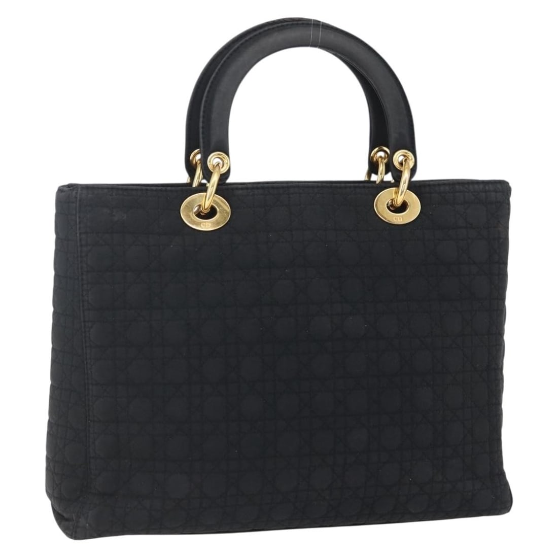 Christian Dior black gold nylon handbag with charm: Christian Dior black gold nylon handbag with charm This Christian Dior Cannage handbag is crafted from black nylon with gold-tone accents. Designed for women, it features a structured silhouette with 