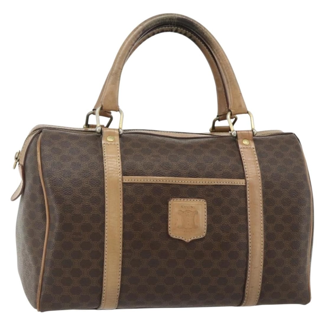 CELINE Macadam PVC Leather Brown Gold Handbag Italy: CELINE Macadam PVC Leather Brown Gold Handbag Italy This CELINE Macadam Canvas hand bag features a brown and gold color scheme with PVC leather and macadam canvas materials. Made in Italy, the bag is 