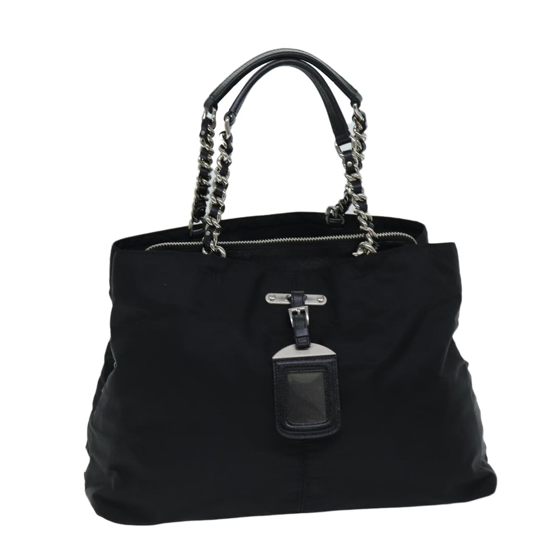 Black Prada nylon tote with name tag: Black Prada nylon tote with name tag This PRADA tote bag is crafted from durable black nylon and features a spacious interior, making it ideal for everyday use. Designed for women, it includes a name 