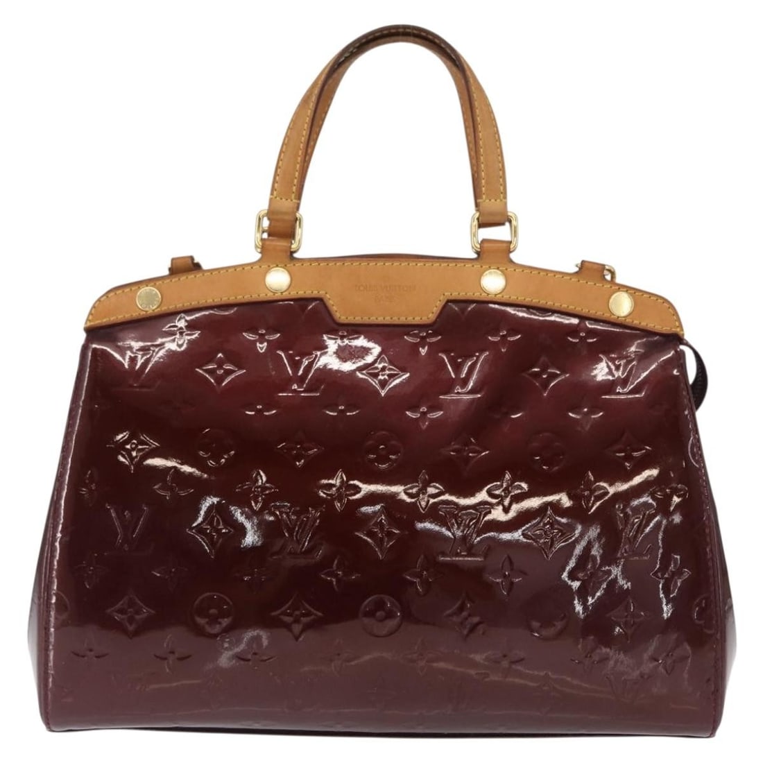 Brea Burgundy Patent Leather Satchel by Louis Vuitton: Brea Burgundy Patent Leather Satchel by Louis Vuitton The Louis Vuitton Brea Handbag in Monogram Vernis is crafted from burgundy patent leather and designed for women. The bag features a structured si