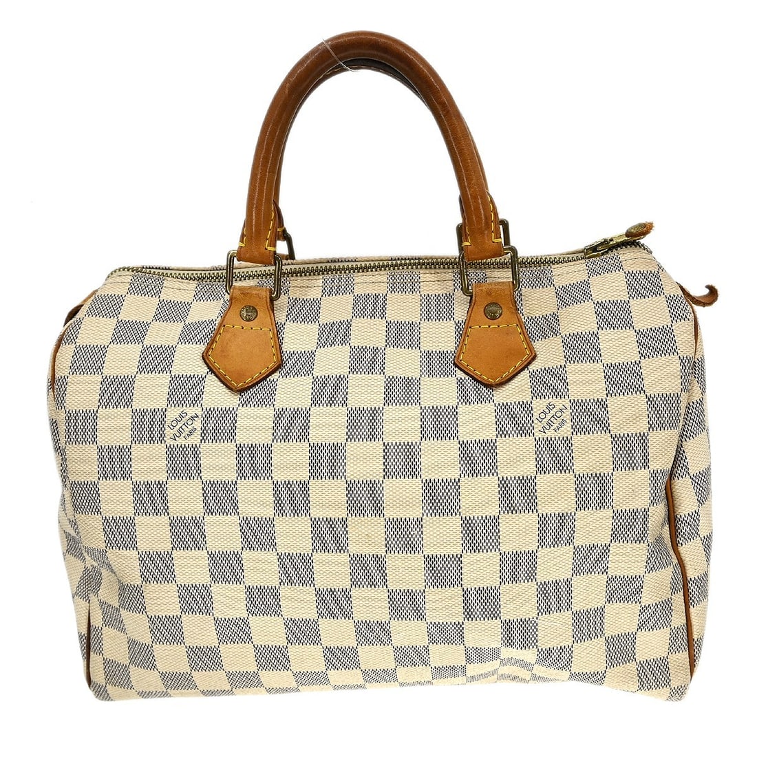 Louis Vuitton Speedy 30 Damier Azur Canvas Small Duffle Bag: Louis Vuitton Speedy 30 Damier Azur Canvas Small Duffle Bag This is a Louis Vuitton Speedy 30 handbag featuring the iconic Damier Azur canvas pattern. The bag has a duffle style with double beige leat