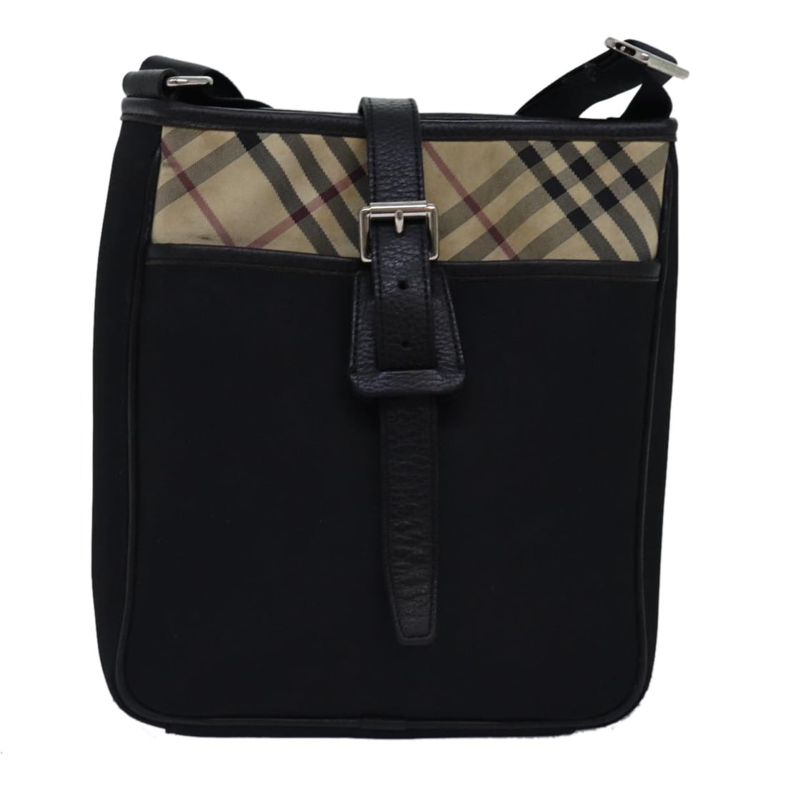 Burberry Nova Check Black Canvas Shoulder Bag for Women: Burberry Nova Check Black Canvas Shoulder Bag for Women This Burberry Nova check shoulder bag is crafted from black canvas and designed for women. Made in Italy, the bag shows signs of use including s