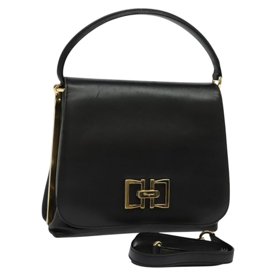 Black Leather Salvatore Ferragamo Convertible Handbag with Gold Hardware and Strap: Black Leather Salvatore Ferragamo Convertible Handbag with Gold Hardware and Strap This Salvatore Ferragamo 2-way handbag is crafted from black leather with gold-tone accents. Designed for women, it f