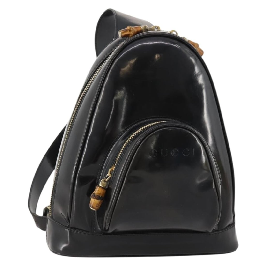 Patent Leather Gucci Bamboo Body Bag Black and Gold for Women: Patent Leather Gucci Bamboo Body Bag Black and Gold for Women This is a GUCCI Bamboo Body Bag crafted from black patent leather with gold-tone accents. Designed for women, the bag features a compact s
