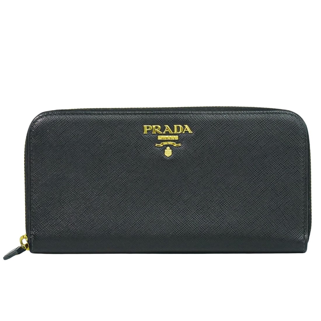 Black Leather Prada Zip Around Wallet for Women: Black Leather Prada Zip Around Wallet for Women This Prada Zip Around Tab Wallet is crafted from black saffiano leather, designed for female use. It features a zip-around closure and a tab detail, com