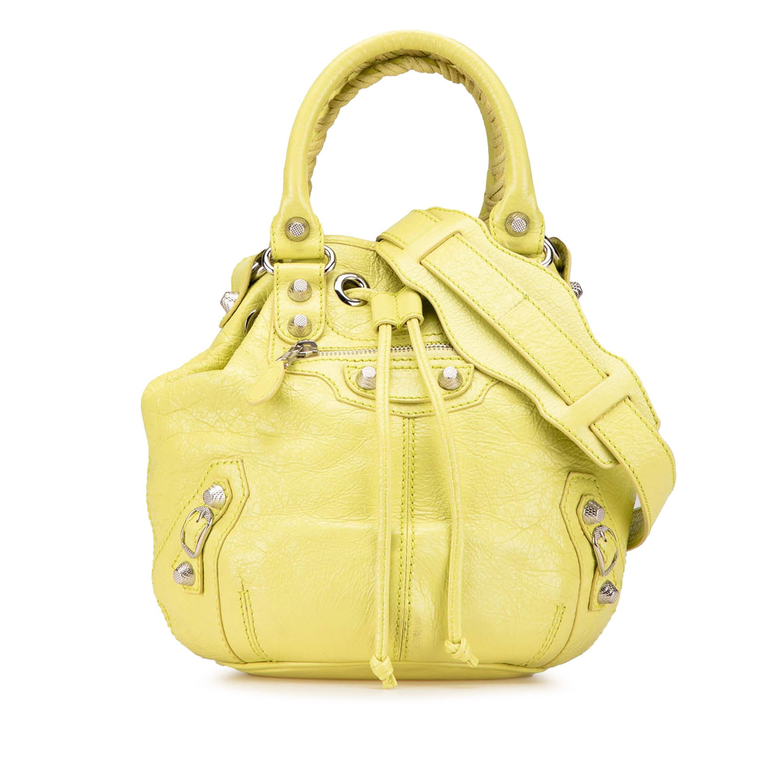 Balenciaga Motocross Pompon Giant 12 Yellow Leather Shoulder Bag: Balenciaga Motocross Pompon Giant 12 Yellow Leather Shoulder Bag This Balenciaga Lambskin Motocross Giant 12 Pompon Bag showcases a vibrant yellow leather body adorned with signature oversized studs. 