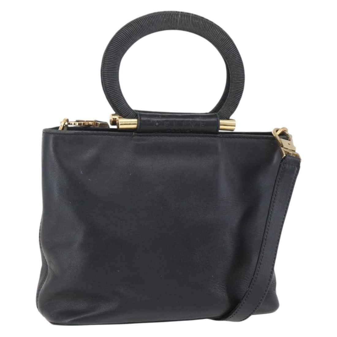 CELINE Leather Hand Bag Black Gold 2way Italy Auth 150847: CELINE Leather Hand Bag Black Gold 2way Italy Auth 150847 This authentic CELINE handbag combines luxury and practicality, featuring a sleek design in black leather with gold accents. Crafted in Italy,