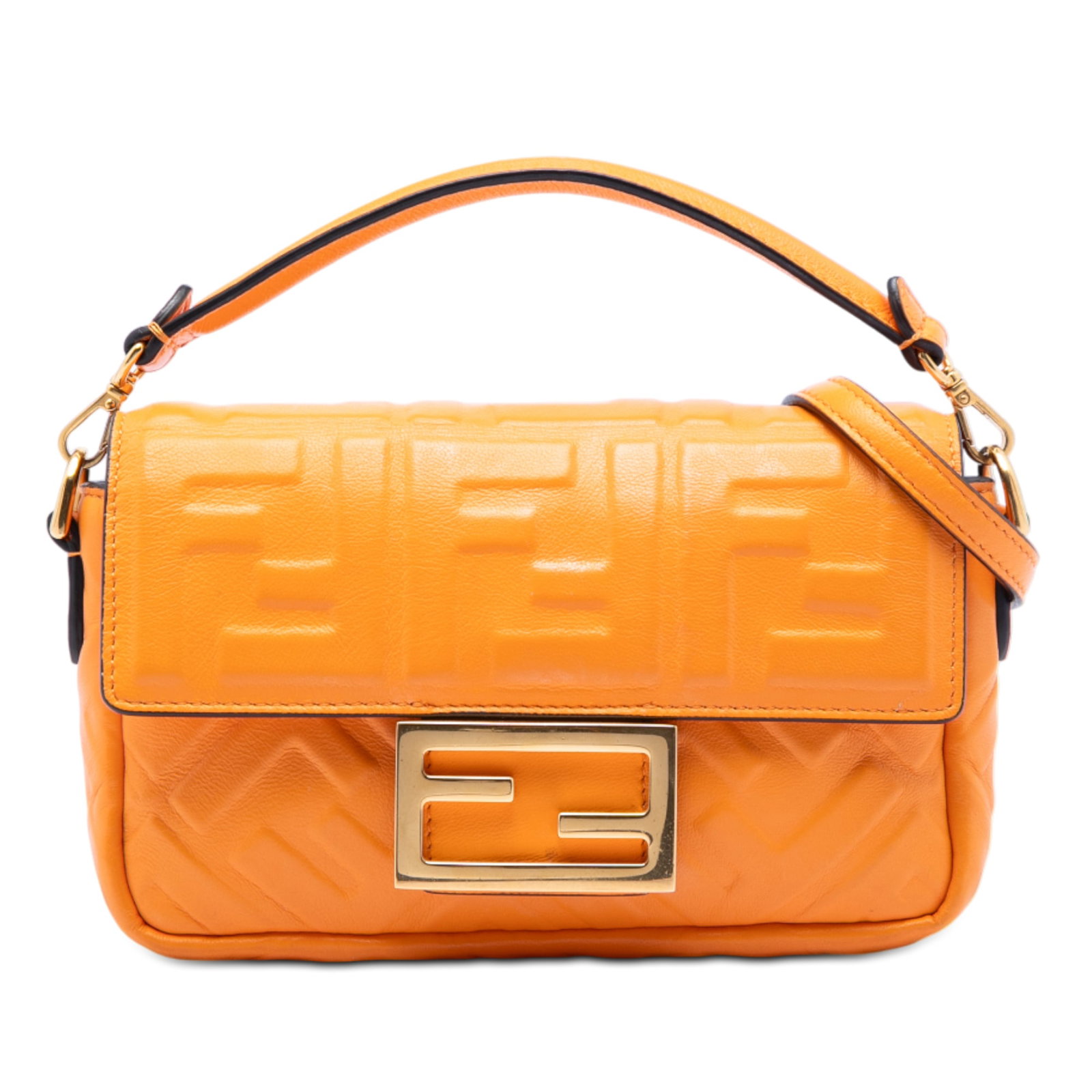 Fendi Mini Baguette Satchel Orange Embossed Leather with Detachable Chain Strap: Fendi Mini Baguette Satchel Orange Embossed Leather with Detachable Chain Strap This Fendi Mini Zucca Baguette satchel features an embossed leather body in orange, a detachable flat leather handle, an