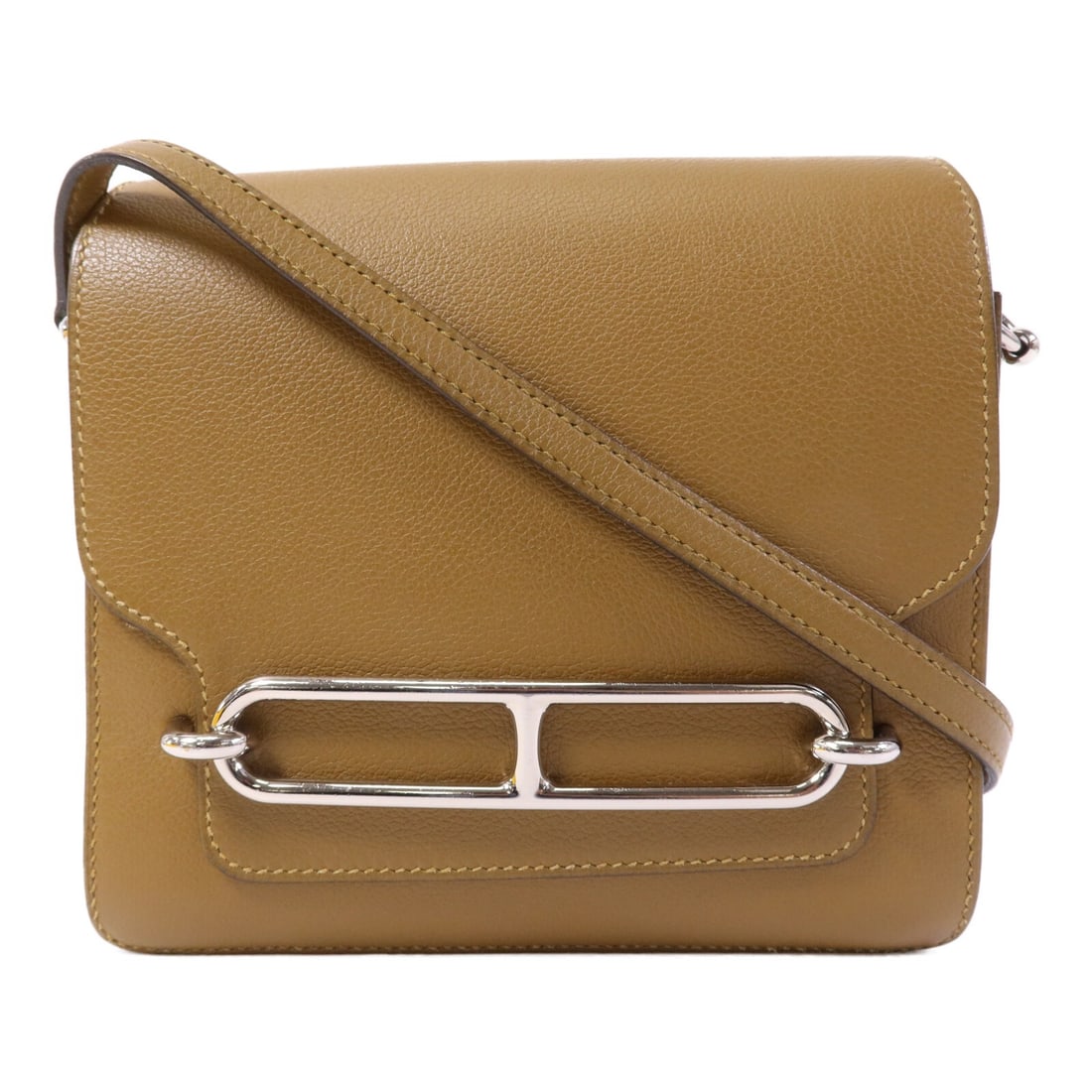 Hermes Roulis Mini Brown Evercolor Calfskin Shoulder Bag Palladium Hardware: Hermes Roulis Mini Brown Evercolor Calfskin Shoulder Bag Palladium Hardware This Hermes Roulis Mini Shoulder Bag features Evercolor leather in a rich brown shade, offering a sophisticated and versatil