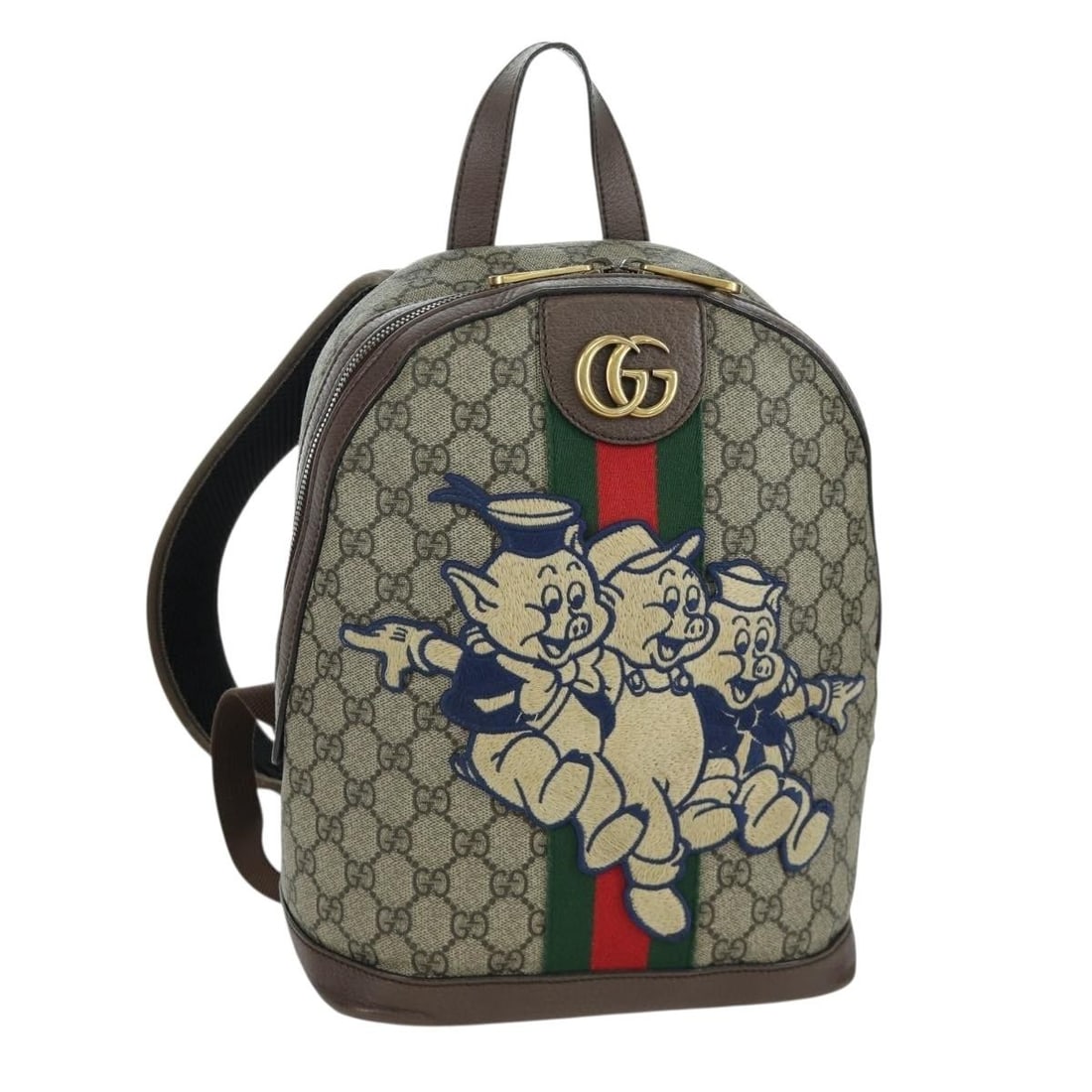 Disney Collaboration Beige GG Supreme PVC Backpack by Gucci: Disney Collaboration Beige GG Supreme PVC Backpack by Gucci This is a women's Gucci x Disney GG Supreme Web Sherry Line backpack crafted from beige PVC leather and GG canvas. Made in Italy, the bag fe