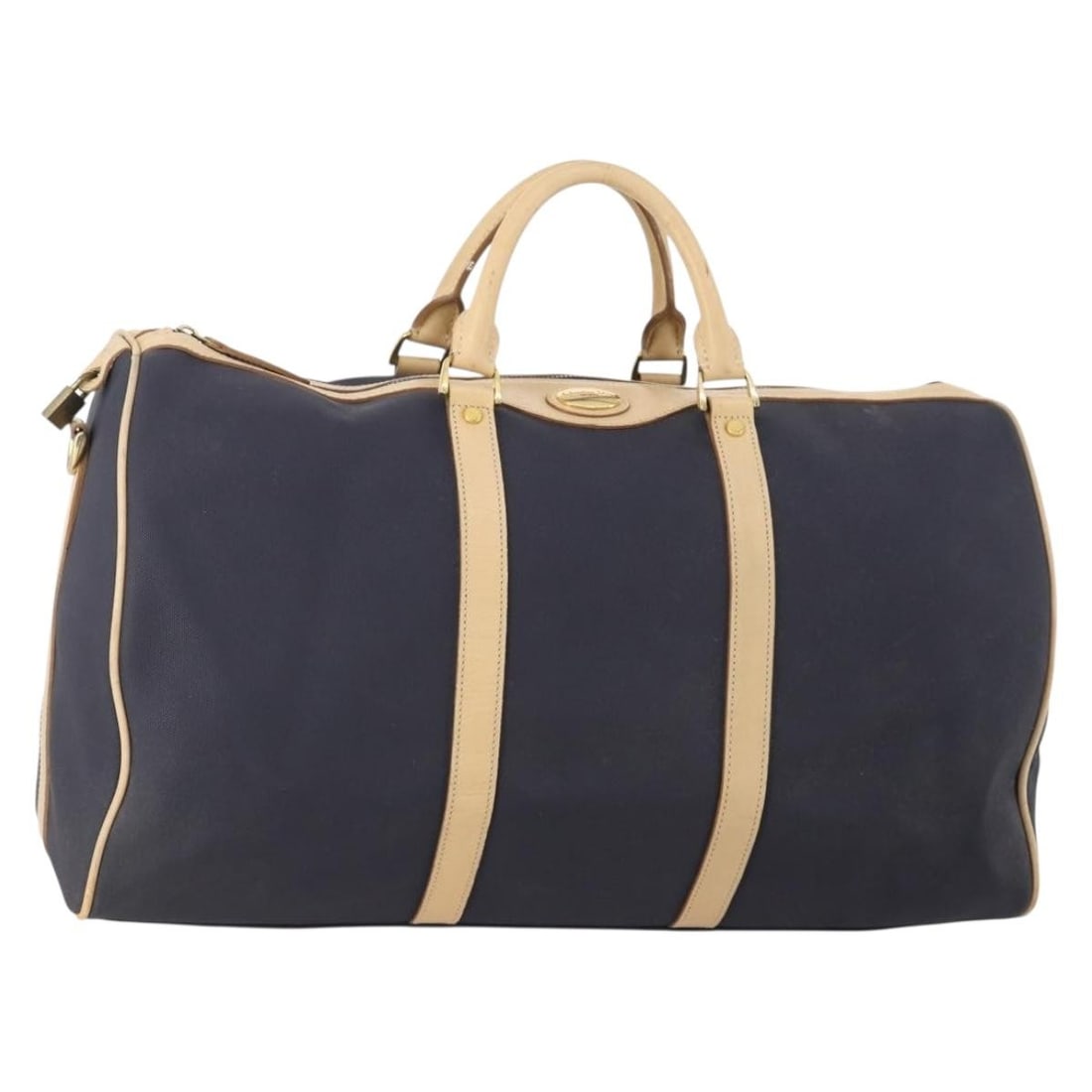 Navy Boston Bag by Christian Dior in Coated Canvas with Gold Accents: Navy Boston Bag by Christian Dior in Coated Canvas with Gold Accents This Christian Dior Boston bag is crafted from navy and gold coated canvas and is designed for women. The bag features a spacious i